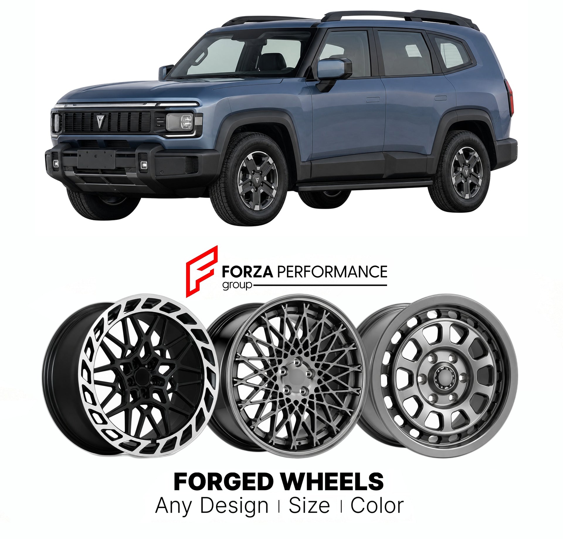 Custom forged wheels for Deepal Changan G318 2024+. Made-to-order monoblock, 2-piece and 3-piece wheels in custom sizes, offsets, colors and finishes with guaranteed vehicle fitment.

We manufacture premium quality forged wheels rims for Deepal Changan G318 2024+ in any design, size, color.

THIS WHEEL DESIGN CAN BE CUSTOM-MADE FOR YOUR CAR IN ANY SIZE AND COLOR OPTIONS
Available in monoblock, 2-piece, 3-piece, duoblock, beadlock
3D wheel renderings are provided according to the exact dimensions and specifi
