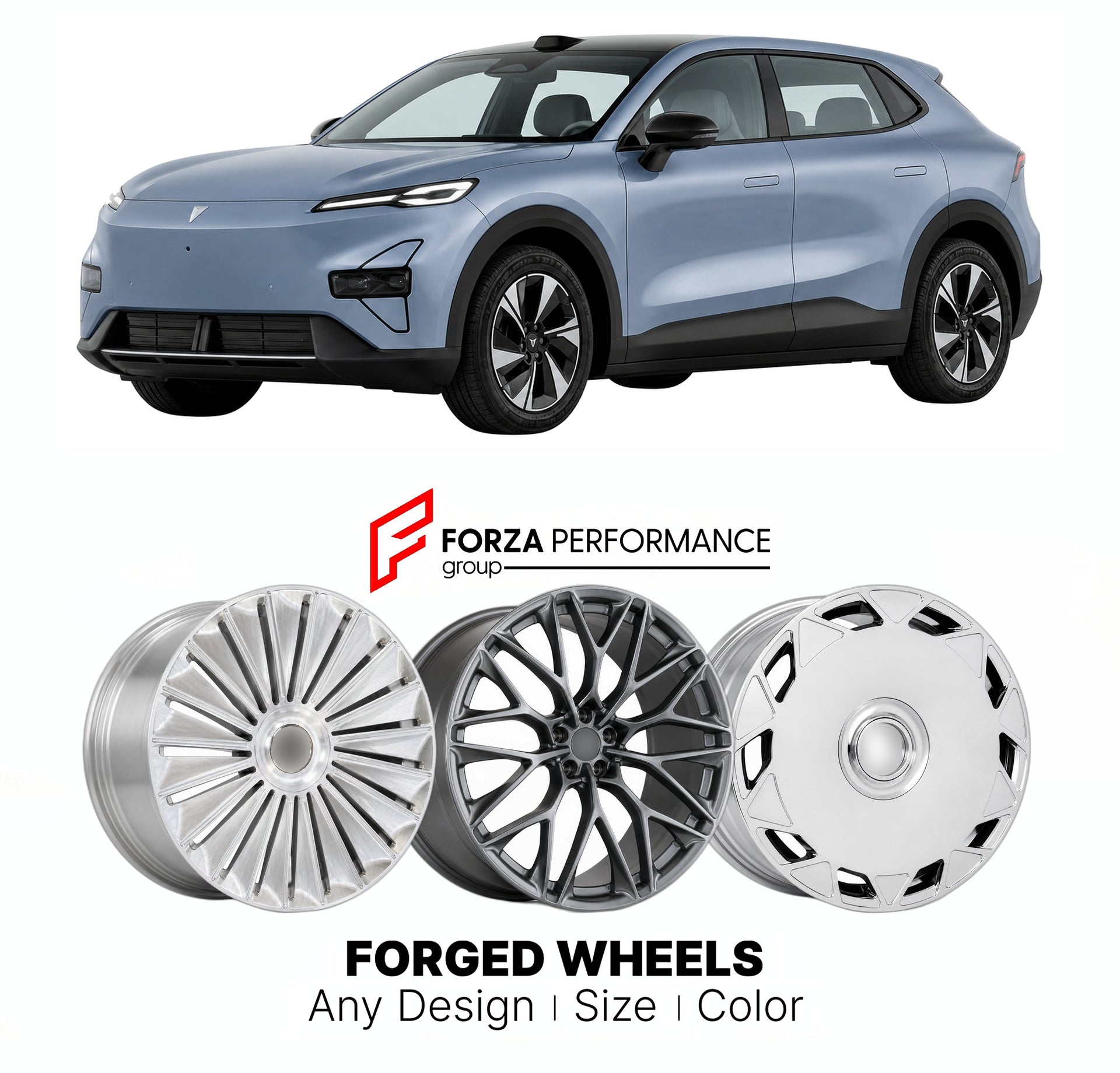 Custom forged wheels for Deepal Changan S05 2024+. Made-to-order monoblock, 2-piece and 3-piece wheels in custom sizes, offsets, colors and finishes with guaranteed vehicle fitment.

We manufacture premium quality forged wheels rims for Deepal Changan S05 2024+ in any design, size, color.

THIS WHEEL DESIGN CAN BE CUSTOM-MADE FOR YOUR CAR IN ANY SIZE AND COLOR OPTIONS
Available in monoblock, 2-piece, 3-piece, duoblock, beadlock
3D wheel renderings are provided according to the exact dimensions and specifica