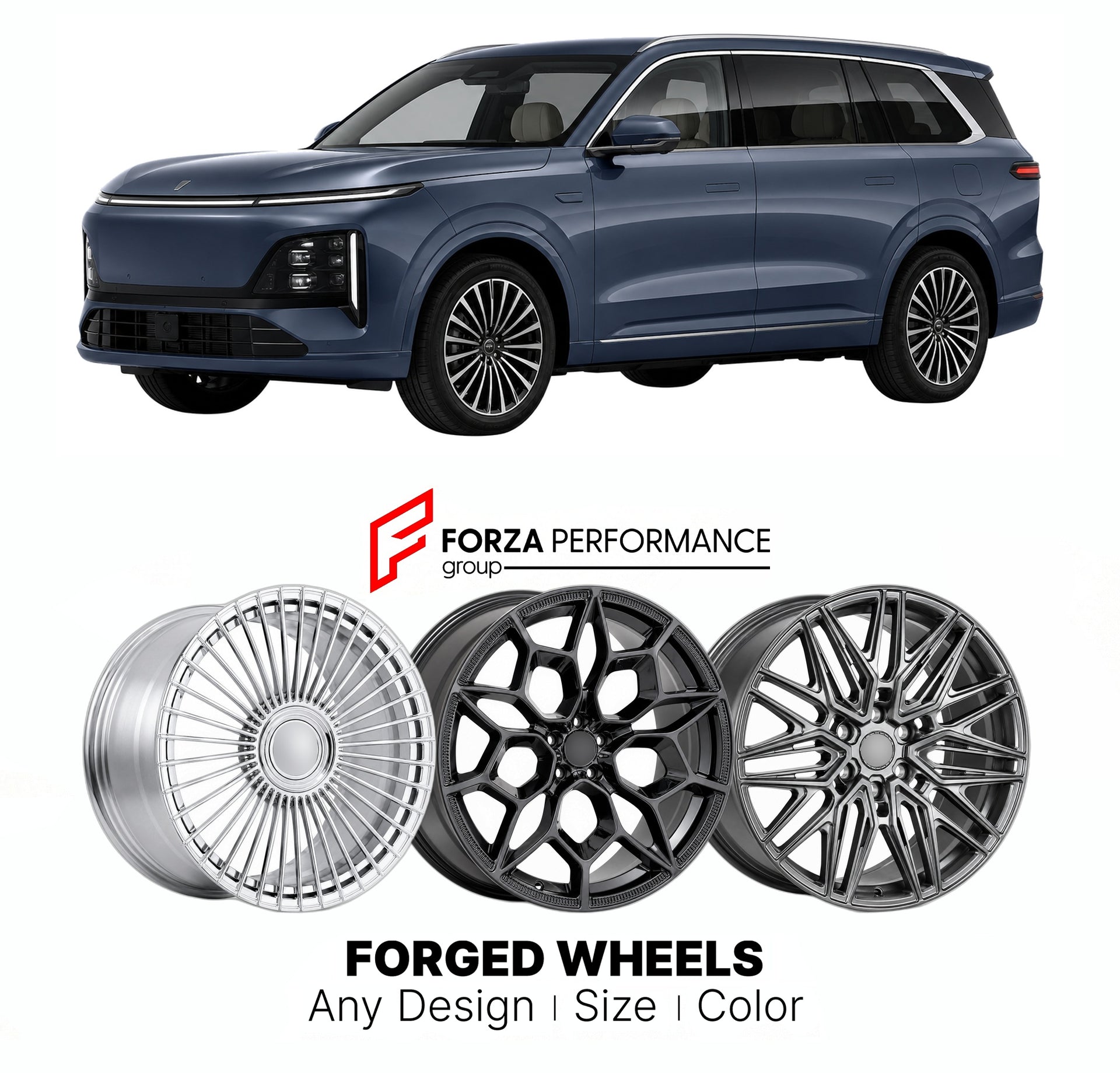 Custom forged wheels for Deepal Changan S09 2025+. Made-to-order monoblock, 2-piece and 3-piece wheels in custom sizes, offsets, colors and finishes with guaranteed vehicle fitment.

We manufacture premium quality forged wheels rims for Deepal Changan S09 2025+ in any design, size, color.

THIS WHEEL DESIGN CAN BE CUSTOM-MADE FOR YOUR CAR IN ANY SIZE AND COLOR OPTIONS
Available in monoblock, 2-piece, 3-piece, duoblock, beadlock
3D wheel renderings are provided according to the exact dimensions and specifica