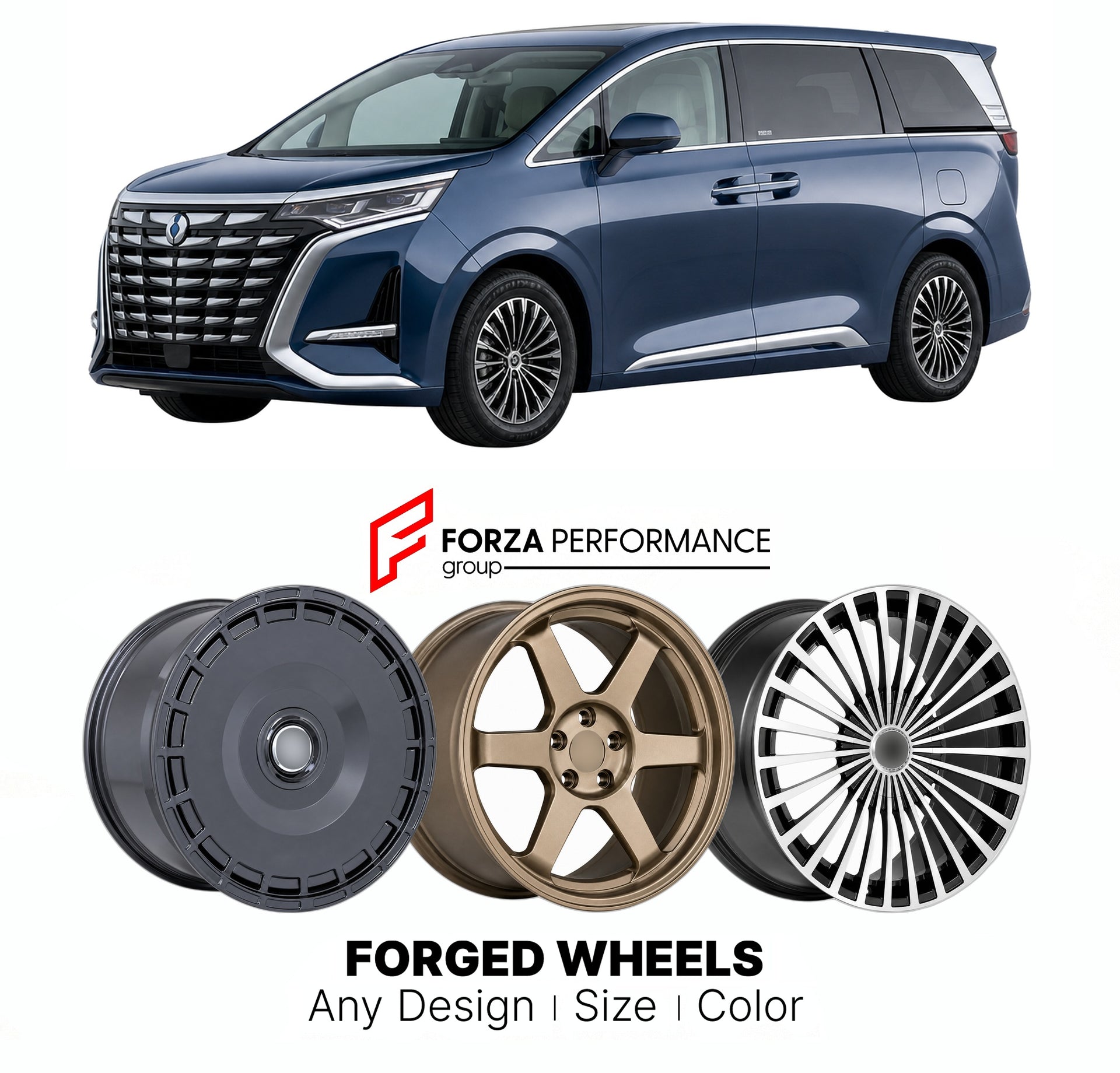 Custom forged wheels for Denza BYD D9 2022+. Made-to-order monoblock, 2-piece and 3-piece wheels in custom sizes, offsets, colors and finishes with guaranteed vehicle fitment.

We manufacture premium quality forged wheels rims for Denza BYD D9 2022+ in any design, size, color.

THIS WHEEL DESIGN CAN BE CUSTOM-MADE FOR YOUR CAR IN ANY SIZE AND COLOR OPTIONS
Available in monoblock, 2-piece, 3-piece, duoblock, beadlock
3D wheel renderings are provided according to the exact dimensions and specifications reques