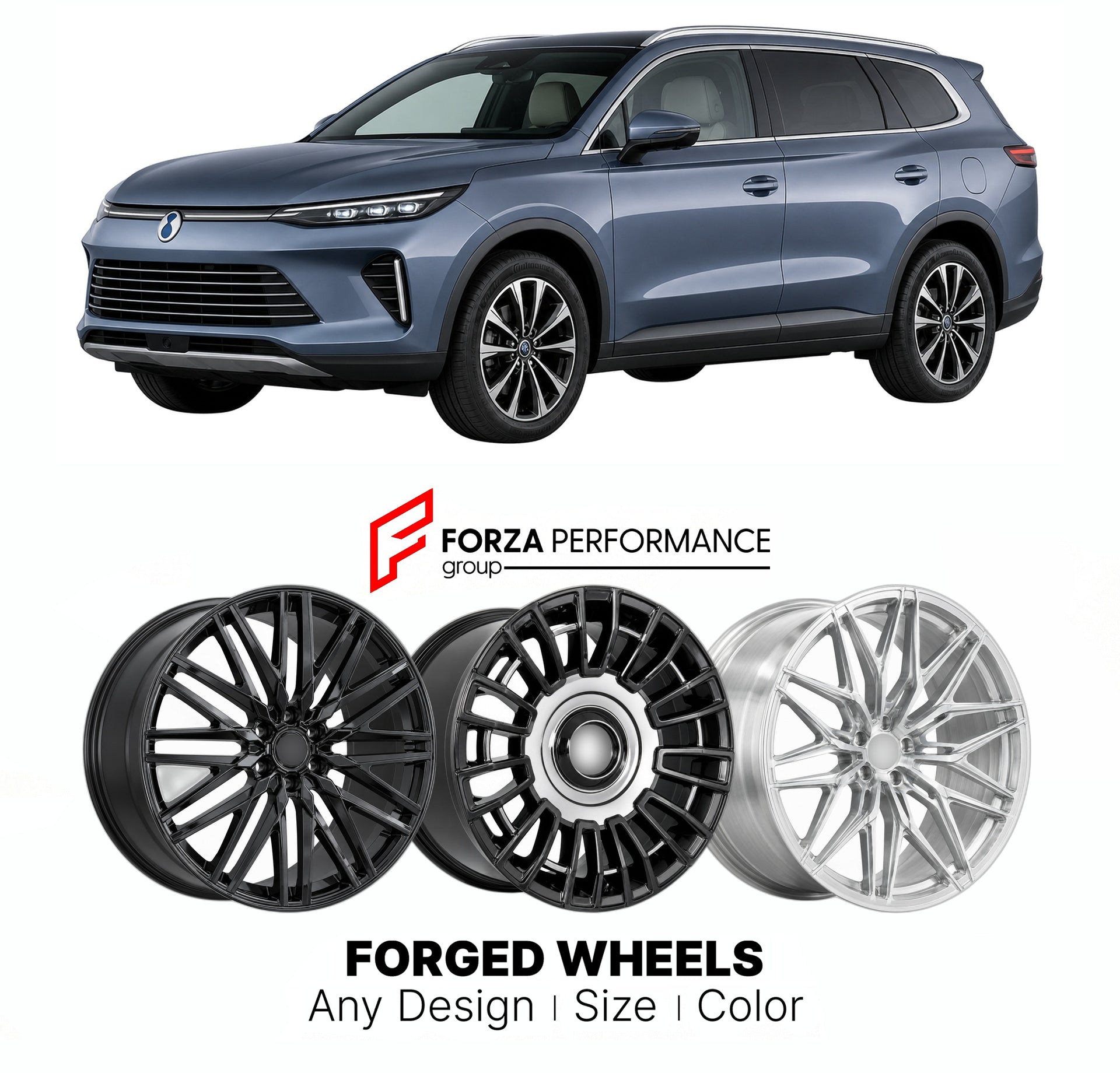 Custom forged wheels for Denza BYD N8 2023+. Made-to-order monoblock, 2-piece and 3-piece wheels in custom sizes, offsets, colors and finishes with guaranteed vehicle fitment.

We manufacture premium quality forged wheels rims for Denza BYD N8 2023+ in any design, size, color.

THIS WHEEL DESIGN CAN BE CUSTOM-MADE FOR YOUR CAR IN ANY SIZE AND COLOR OPTIONS
Available in monoblock, 2-piece, 3-piece, duoblock, beadlock
3D wheel renderings are provided according to the exact dimensions and specifications reques