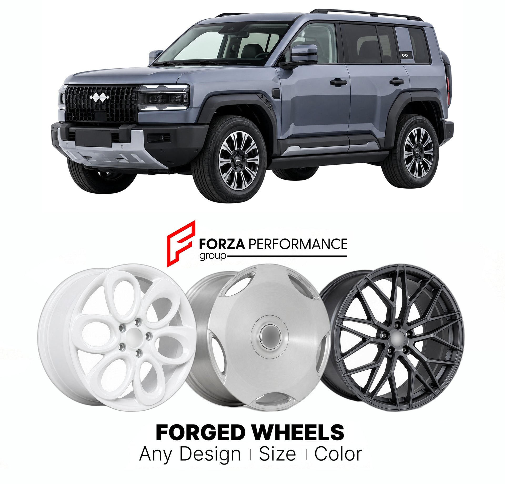 Custom forged wheels for Denza Fangchengbao B5 Bao 5 2023+. Made-to-order monoblock, 2-piece and 3-piece wheels in custom sizes, offsets, colors and finishes with guaranteed vehicle fitment.

We manufacture premium quality forged wheels rims for Denza Fangchengbao B5 Bao 5 2023+ in any design, size, color.

THIS WHEEL DESIGN CAN BE CUSTOM-MADE FOR YOUR CAR IN ANY SIZE AND COLOR OPTIONS
Available in monoblock, 2-piece, 3-piece, duoblock, beadlock
3D wheel renderings are provided according to the exact dimens