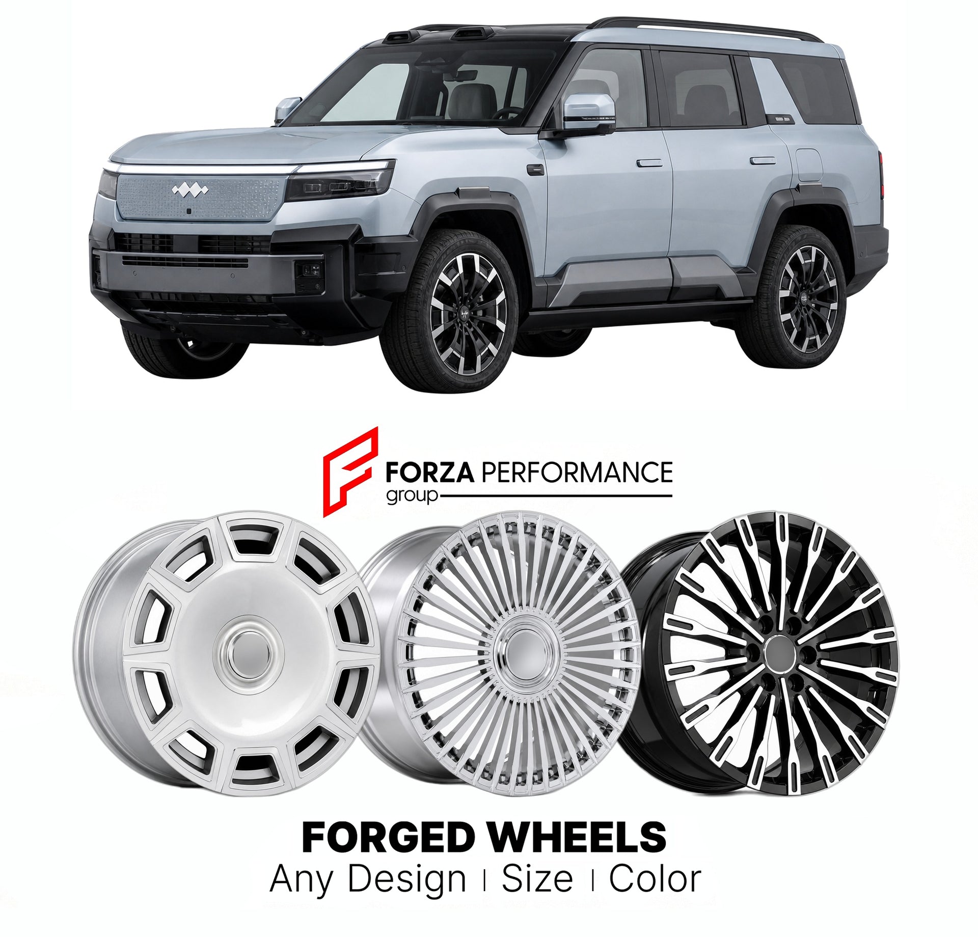 Custom forged wheels for Denza Fangchengbao B8 Bao 8 2024+. Made-to-order monoblock, 2-piece and 3-piece wheels in custom sizes, offsets, colors and finishes with guaranteed vehicle fitment.

We manufacture premium quality forged wheels rims for Denza Fangchengbao B8 Bao 8 2024+ in any design, size, color.

THIS WHEEL DESIGN CAN BE CUSTOM-MADE FOR YOUR CAR IN ANY SIZE AND COLOR OPTIONS
Available in monoblock, 2-piece, 3-piece, duoblock, beadlock
3D wheel renderings are provided according to the exact dimens