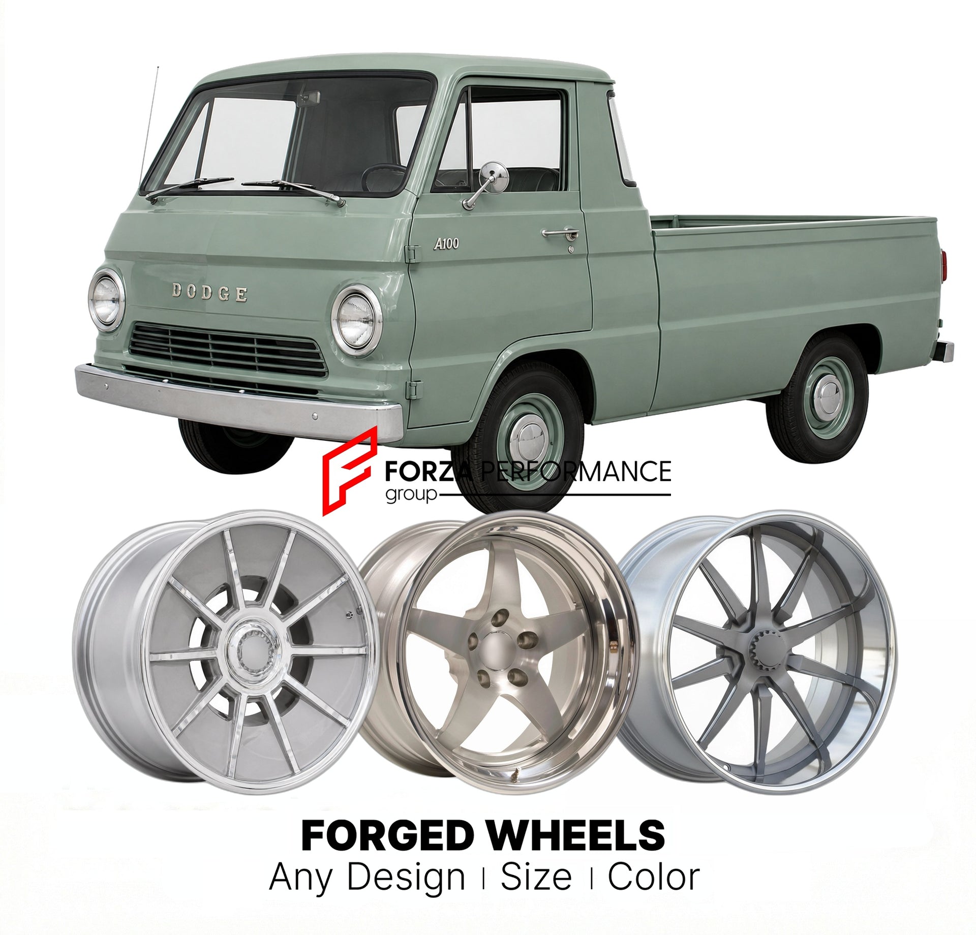 CUSTOM CLASSIC VINTAGE RESTOMOD RETRO OLD SCHOOL FORGED WHEELS RIMS for DODGE A100 PICKUP 1964 - 1970
Custom forged wheels for classic American muscle cars. Ideal for restomod builds, vintage restorations, and show cars. Deep dish and retro styling available.

We manufacture premium quality forged wheels rims for Dodge A100 Pickup 1964 - 1970 in any design, size, color.

THIS WHEEL DESIGN CAN BE CUSTOM-MADE FOR YOUR CAR IN ANY SIZE AND COLOR OPTIONS
Available in monoblock, 2-piece, 3-piece, duoblock, beadlo