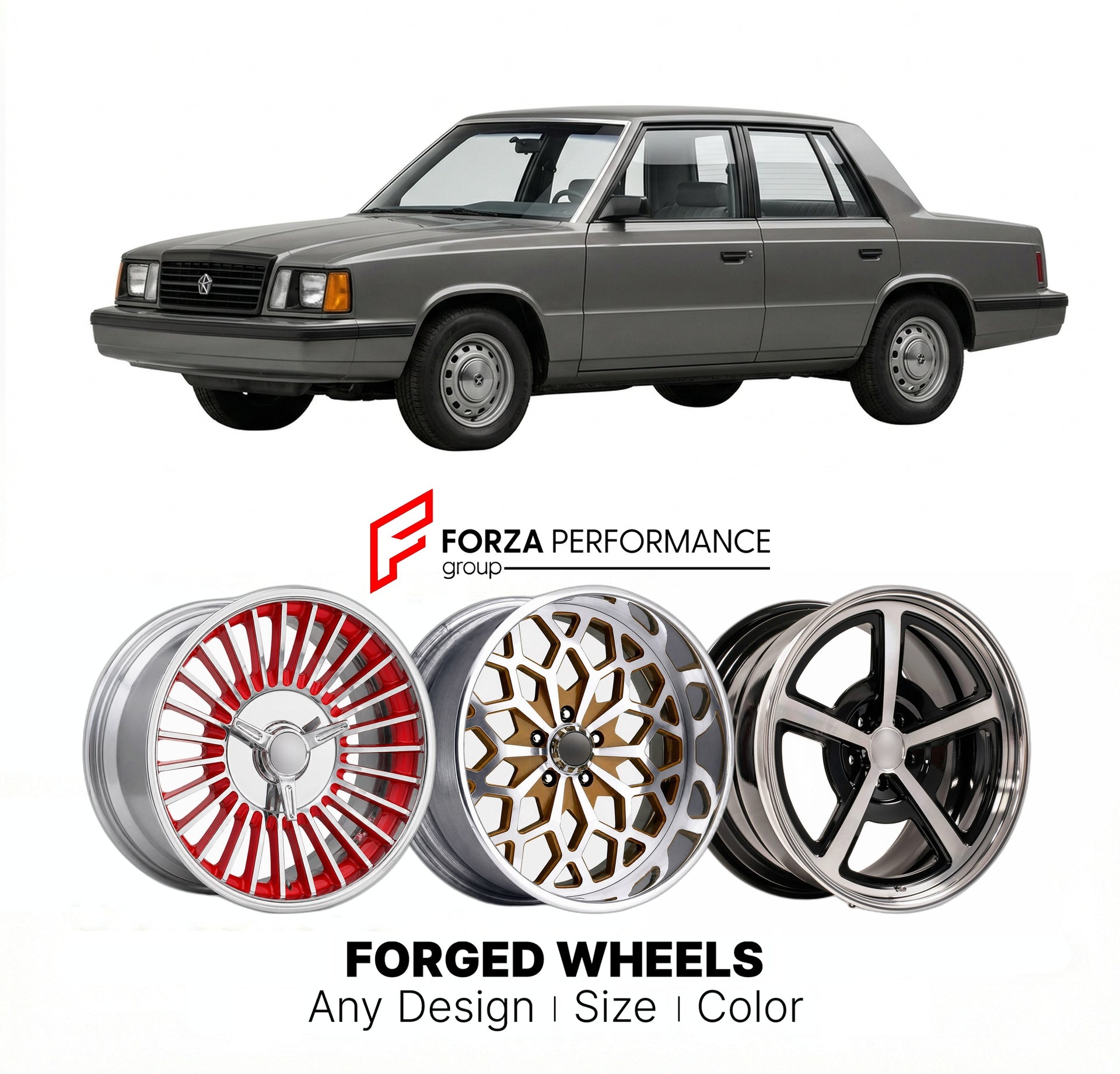 CUSTOM CLASSIC VINTAGE RESTOMOD RETRO OLD SCHOOL FORGED WHEELS RIMS for DODGE ARIES 1981 - 1989
Custom forged wheels for classic American muscle cars. Ideal for restomod builds, vintage restorations, and show cars. Deep dish and retro styling available.

We manufacture premium quality forged wheels rims for Dodge Aries 1981 - 1989 in any design, size, color.

THIS WHEEL DESIGN CAN BE CUSTOM-MADE FOR YOUR CAR IN ANY SIZE AND COLOR OPTIONS
Available in monoblock, 2-piece, 3-piece, duoblock, beadlock
3D wheel 