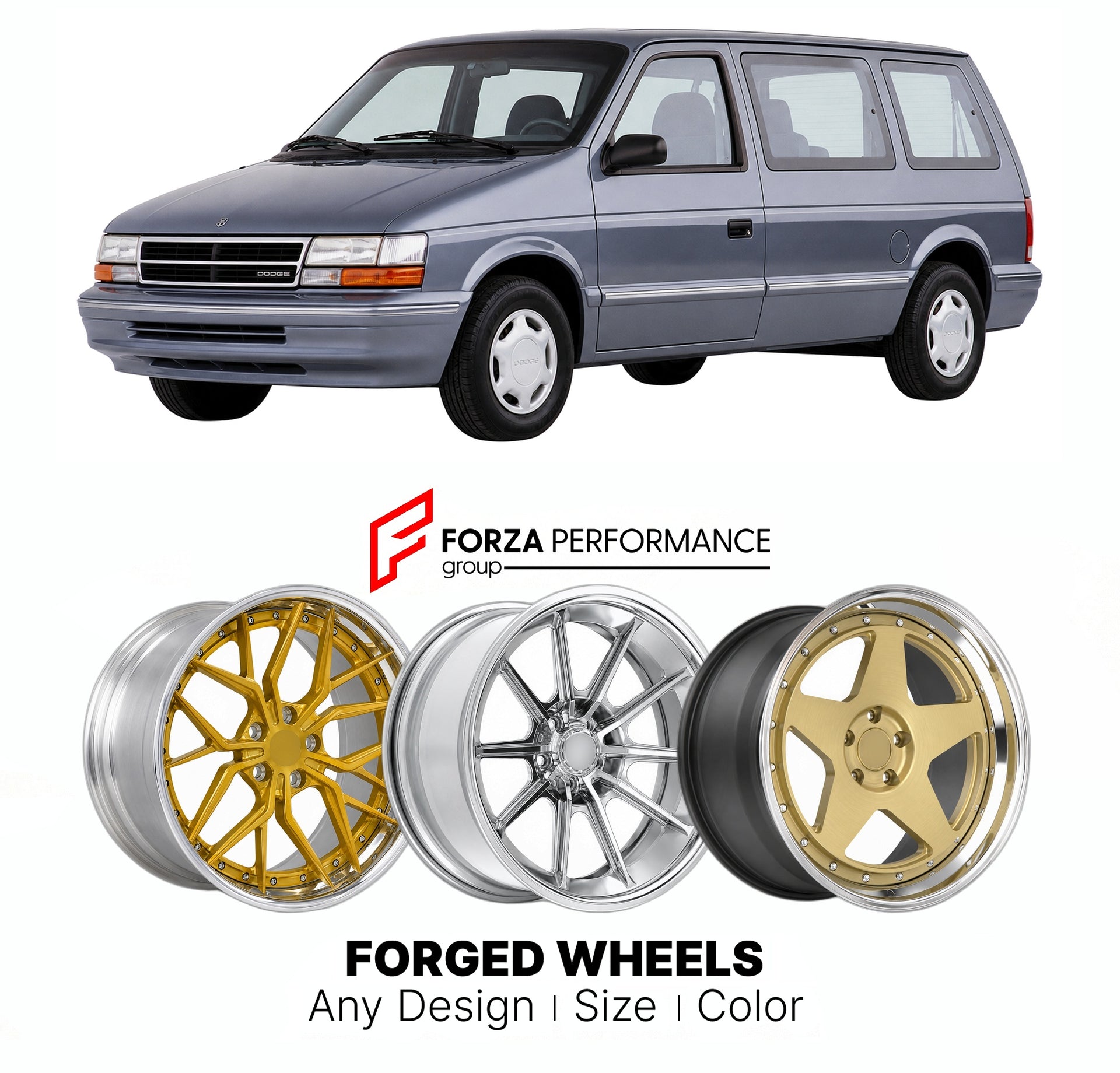 FORGED WHEELS RIMS for DODGE CARAVAN 1990 - 1995

Custom forged wheels for Dodge Caravan 1990 - 1995. Made-to-order monoblock, 2-piece and 3-piece rims in custom sizes, offsets, colors and finishes with guaranteed fitment.

We manufacture premium quality forged wheels rims for Dodge Caravan 1990 - 1995 in any design, size, color.

THIS WHEEL DESIGN CAN BE CUSTOM-MADE FOR YOUR CAR IN ANY SIZE AND COLOR OPTIONS
Available in monoblock, 2-piece, 3-piece, duoblock, beadlock
3D wheel renderings are provided accor