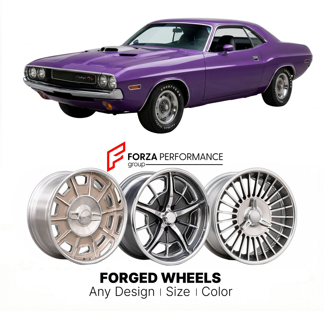 CUSTOM CLASSIC VINTAGE RESTOMOD RETRO OLD SCHOOL FORGED WHEELS RIMS for DODGE CHALLENGER 1970 - 1974
Custom forged wheels for classic American muscle cars. Ideal for restomod builds, vintage restorations, and show cars. Deep dish and retro styling available.

We manufacture premium quality forged wheels rims for Dodge Challenger 1970 - 1974 in any design, size, color.

THIS WHEEL DESIGN CAN BE CUSTOM-MADE FOR YOUR CAR IN ANY SIZE AND COLOR OPTIONS
Available in monoblock, 2-piece, 3-piece, duoblock, beadlock