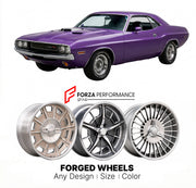 CUSTOM CLASSIC VINTAGE RESTOMOD RETRO OLD SCHOOL FORGED WHEELS RIMS for DODGE CHALLENGER 1970 - 1974
Custom forged wheels for classic American muscle cars. Ideal for restomod builds, vintage restorations, and show cars. Deep dish and retro styling available.

We manufacture premium quality forged wheels rims for Dodge Challenger 1970 - 1974 in any design, size, color.

THIS WHEEL DESIGN CAN BE CUSTOM-MADE FOR YOUR CAR IN ANY SIZE AND COLOR OPTIONS
Available in monoblock, 2-piece, 3-piece, duoblock, beadlock