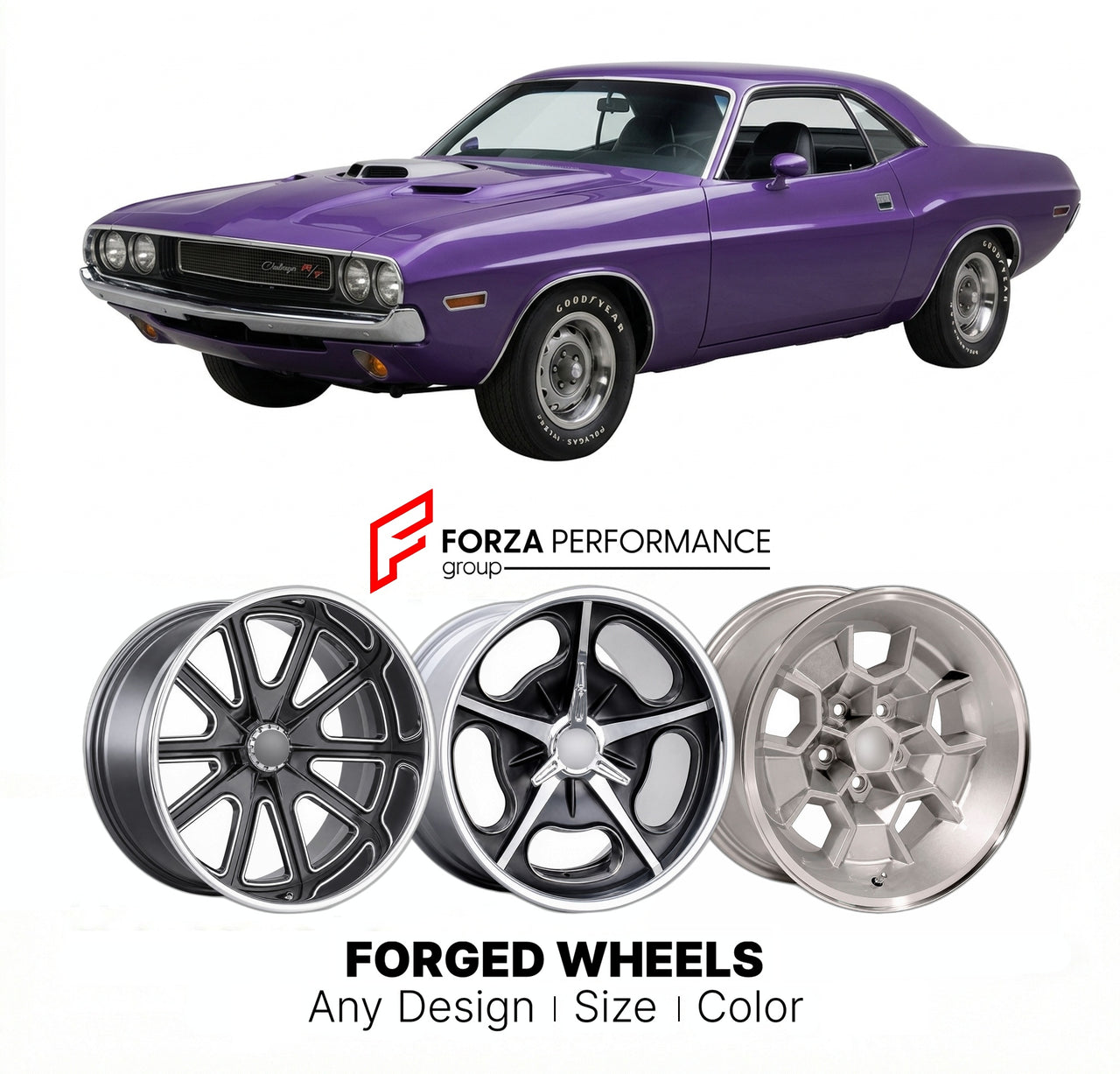 CUSTOM CLASSIC VINTAGE RESTOMOD RETRO OLD SCHOOL FORGED WHEELS RIMS for DODGE CHALLENGER 1970 - 1974
Custom forged wheels for classic American muscle cars. Ideal for restomod builds, vintage restorations, and show cars. Deep dish and retro styling available.

We manufacture premium quality forged wheels rims for Dodge Challenger 1970 - 1974 in any design, size, color.

THIS WHEEL DESIGN CAN BE CUSTOM-MADE FOR YOUR CAR IN ANY SIZE AND COLOR OPTIONS
Available in monoblock, 2-piece, 3-piece, duoblock, beadlock