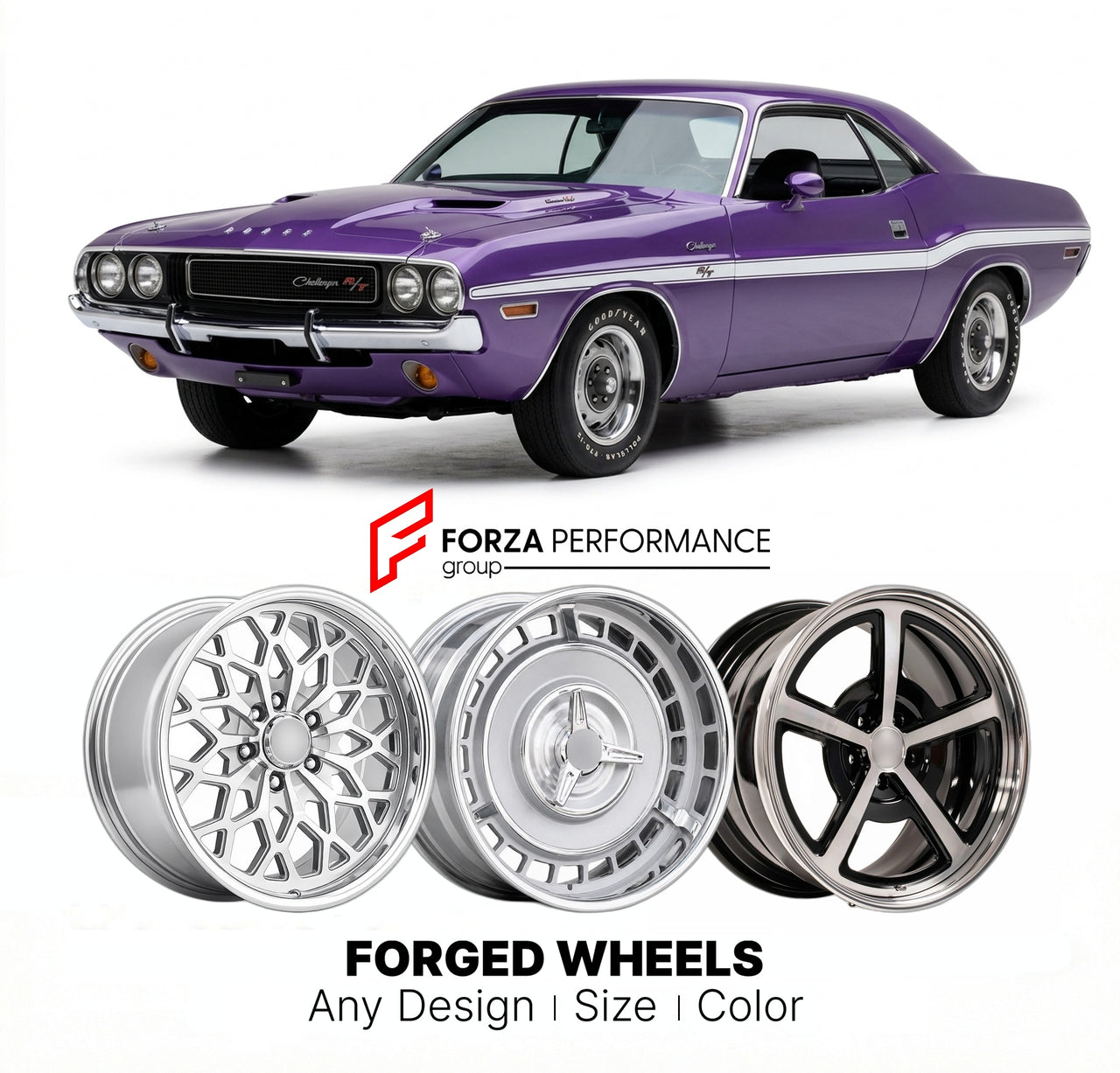 CUSTOM CLASSIC VINTAGE RESTOMOD RETRO OLD SCHOOL FORGED WHEELS RIMS for DODGE CHALLENGER R/T 1970 - 1974
Custom forged wheels for classic American muscle cars. Ideal for restomod builds, vintage restorations, and show cars. Deep dish and retro styling available.

We manufacture premium quality forged wheels rims for Dodge Challenger R/T 1970 - 1974 in any design, size, color.

THIS WHEEL DESIGN CAN BE CUSTOM-MADE FOR YOUR CAR IN ANY SIZE AND COLOR OPTIONS
Available in monoblock, 2-piece, 3-piece, duoblock, 