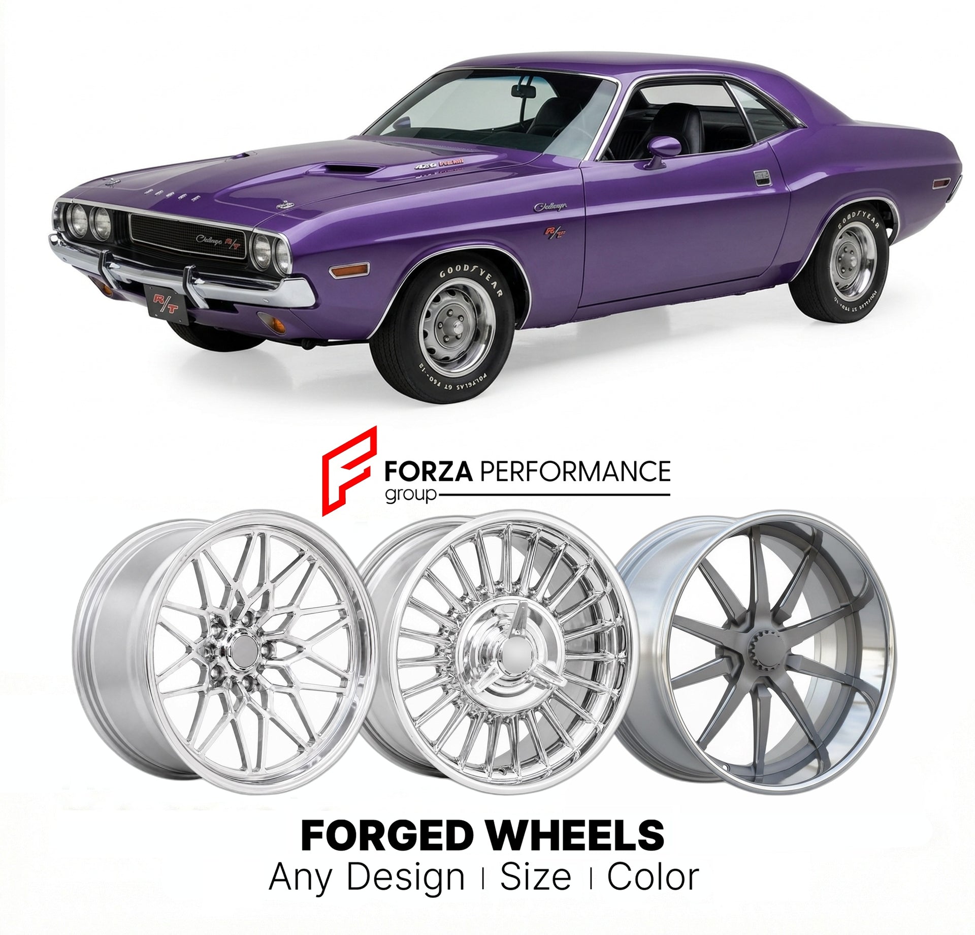 CUSTOM CLASSIC VINTAGE RESTOMOD RETRO OLD SCHOOL FORGED WHEELS RIMS for DODGE CHALLENGER R/T 426 HEMI 1970 - 1971
Custom forged wheels for classic American muscle cars. Ideal for restomod builds, vintage restorations, and show cars. Deep dish and retro styling available.

We manufacture premium quality forged wheels rims for Dodge Challenger R/T 426 Hemi 1970 - 1971 in any design, size, color.

THIS WHEEL DESIGN CAN BE CUSTOM-MADE FOR YOUR CAR IN ANY SIZE AND COLOR OPTIONS
Available in monoblock, 2-piece, 3
