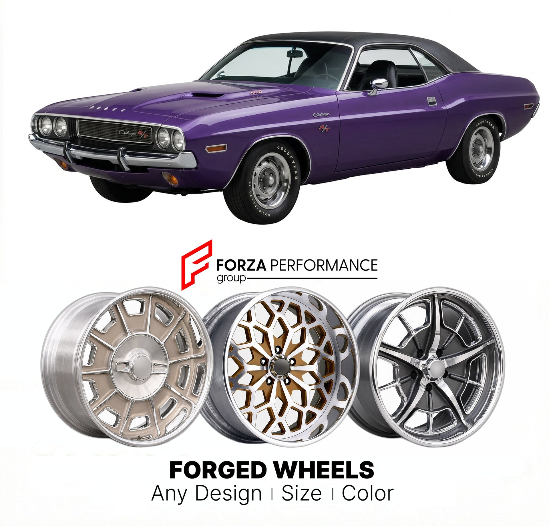 CUSTOM CLASSIC VINTAGE RESTOMOD RETRO OLD SCHOOL FORGED WHEELS RIMS for DODGE CHALLENGER R/T 440 1970 - 1971
Custom forged wheels for classic American muscle cars. Ideal for restomod builds, vintage restorations, and show cars. Deep dish and retro styling available.

We manufacture premium quality forged wheels rims for Dodge Challenger R/T 440 1970 - 1971 in any design, size, color.

THIS WHEEL DESIGN CAN BE CUSTOM-MADE FOR YOUR CAR IN ANY SIZE AND COLOR OPTIONS
Available in monoblock, 2-piece, 3-piece, du