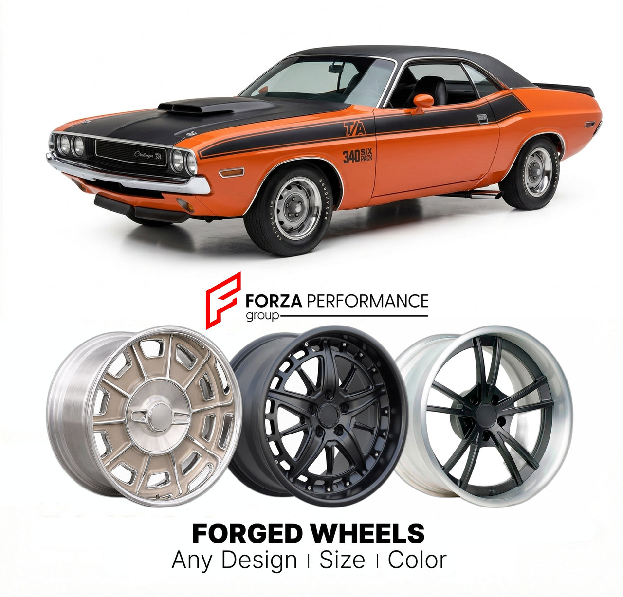 CUSTOM CLASSIC VINTAGE RESTOMOD RETRO OLD SCHOOL FORGED WHEELS RIMS for DODGE CHALLENGER T/A 1970 - 1971
Custom forged wheels for classic American muscle cars. Ideal for restomod builds, vintage restorations, and show cars. Deep dish and retro styling available.

We manufacture premium quality forged wheels rims for Dodge Challenger T/A 1970 - 1971 in any design, size, color.

THIS WHEEL DESIGN CAN BE CUSTOM-MADE FOR YOUR CAR IN ANY SIZE AND COLOR OPTIONS
Available in monoblock, 2-piece, 3-piece, duoblock, 