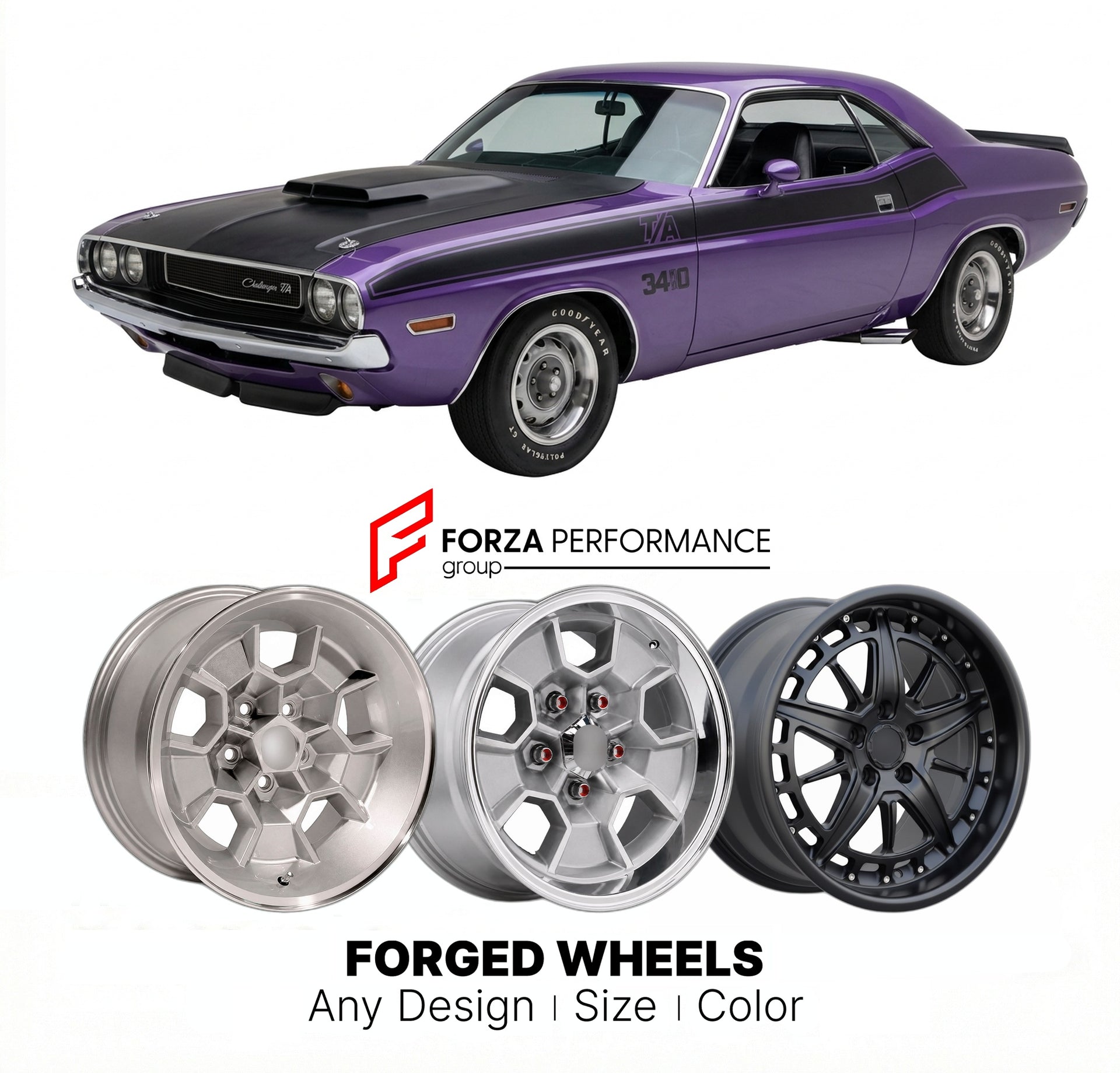 CUSTOM CLASSIC VINTAGE RESTOMOD RETRO OLD SCHOOL FORGED WHEELS RIMS for DODGE CHALLENGER T/A 340 1970 - 1971
Custom forged wheels for classic American muscle cars. Ideal for restomod builds, vintage restorations, and show cars. Deep dish and retro styling available.

We manufacture premium quality forged wheels rims for Dodge Challenger T/A 340 1970 - 1971 in any design, size, color.

THIS WHEEL DESIGN CAN BE CUSTOM-MADE FOR YOUR CAR IN ANY SIZE AND COLOR OPTIONS
Available in monoblock, 2-piece, 3-piece, du