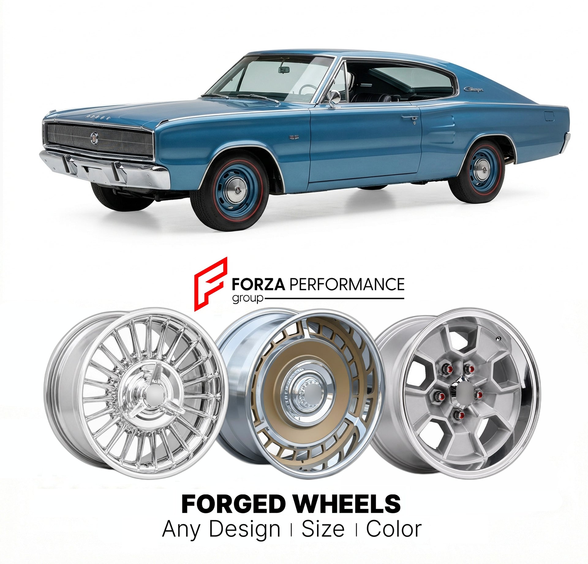 CUSTOM CLASSIC VINTAGE RESTOMOD RETRO OLD SCHOOL FORGED WHEELS RIMS for DODGE CHARGER 1966 - 1967
Custom forged wheels for classic American muscle cars. Ideal for restomod builds, vintage restorations, and show cars. Deep dish and retro styling available.

We manufacture premium quality forged wheels rims for Dodge Charger 1966 - 1967 in any design, size, color.

THIS WHEEL DESIGN CAN BE CUSTOM-MADE FOR YOUR CAR IN ANY SIZE AND COLOR OPTIONS
Available in monoblock, 2-piece, 3-piece, duoblock, beadlock
3D wh