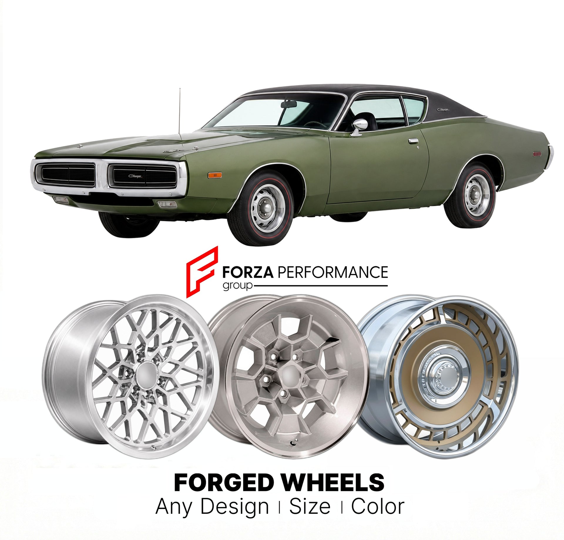 CUSTOM CLASSIC VINTAGE RESTOMOD RETRO OLD SCHOOL FORGED WHEELS RIMS for DODGE CHARGER 1971 - 1974
Custom forged wheels for classic American muscle cars. Ideal for restomod builds, vintage restorations, and show cars. Deep dish and retro styling available.

We manufacture premium quality forged wheels rims for Dodge Charger 1971 - 1974 in any design, size, color.

THIS WHEEL DESIGN CAN BE CUSTOM-MADE FOR YOUR CAR IN ANY SIZE AND COLOR OPTIONS
Available in monoblock, 2-piece, 3-piece, duoblock, beadlock
3D wh
