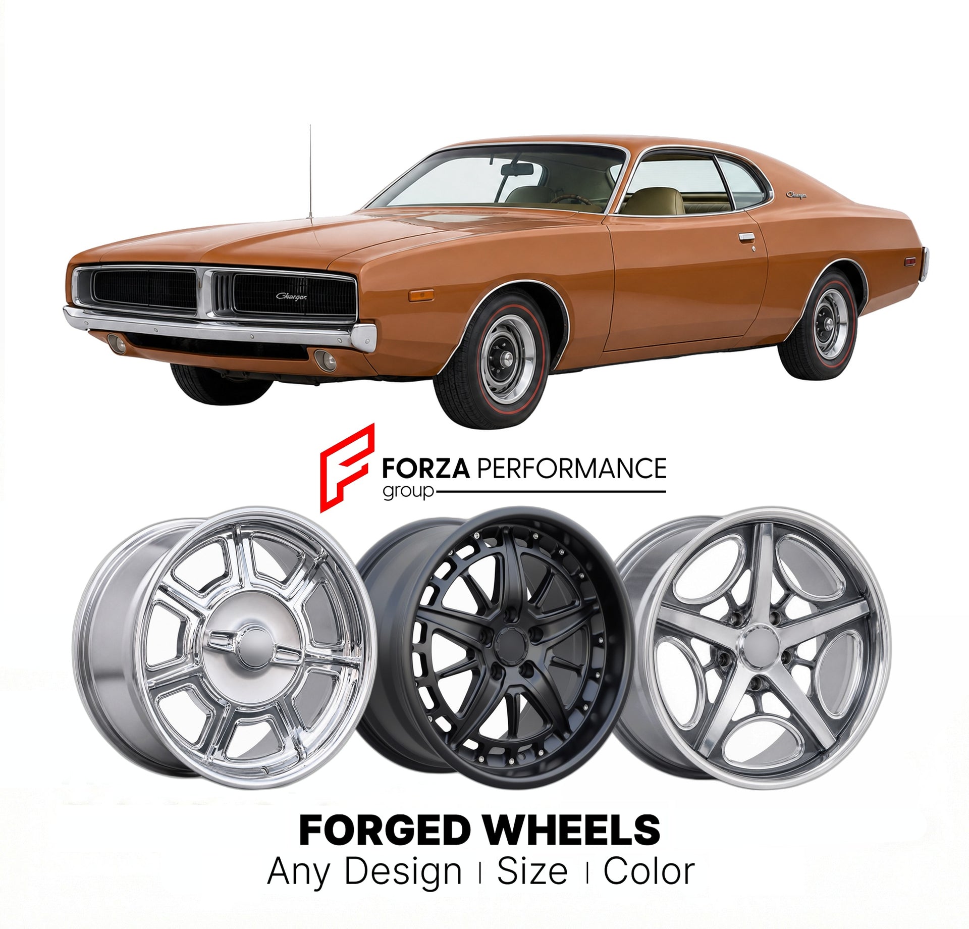 CUSTOM CLASSIC VINTAGE RESTOMOD RETRO OLD SCHOOL FORGED WHEELS RIMS for DODGE CHARGER 1975 - 1978
Custom forged wheels for classic American muscle cars. Ideal for restomod builds, vintage restorations, and show cars. Deep dish and retro styling available.

We manufacture premium quality forged wheels rims for Dodge Charger 1975 - 1978 in any design, size, color.

THIS WHEEL DESIGN CAN BE CUSTOM-MADE FOR YOUR CAR IN ANY SIZE AND COLOR OPTIONS
Available in monoblock, 2-piece, 3-piece, duoblock, beadlock
3D wh