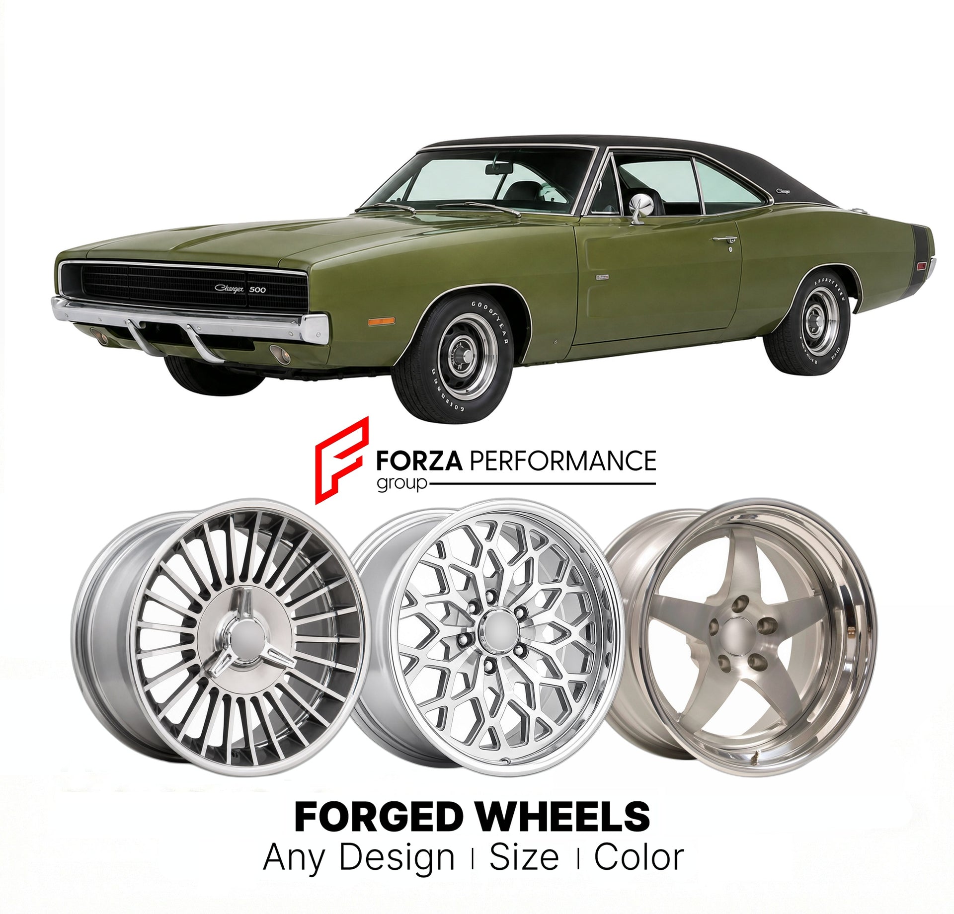 CUSTOM CLASSIC VINTAGE RESTOMOD RETRO OLD SCHOOL FORGED WHEELS RIMS for DODGE CHARGER 500 1971 - 1974
Custom forged wheels for classic American muscle cars. Ideal for restomod builds, vintage restorations, and show cars. Deep dish and retro styling available.

We manufacture premium quality forged wheels rims for Dodge Charger 500 1971 - 1974 in any design, size, color.

THIS WHEEL DESIGN CAN BE CUSTOM-MADE FOR YOUR CAR IN ANY SIZE AND COLOR OPTIONS
Available in monoblock, 2-piece, 3-piece, duoblock, beadlo