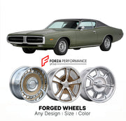 CUSTOM CLASSIC VINTAGE RESTOMOD RETRO OLD SCHOOL FORGED WHEELS RIMS for DODGE CHARGER 500 1975 - 1978
Custom forged wheels for classic American muscle cars. Ideal for restomod builds, vintage restorations, and show cars. Deep dish and retro styling available.

We manufacture premium quality forged wheels rims for Dodge Charger 500 1975 - 1978 in any design, size, color.

THIS WHEEL DESIGN CAN BE CUSTOM-MADE FOR YOUR CAR IN ANY SIZE AND COLOR OPTIONS
Available in monoblock, 2-piece, 3-piece, duoblock, beadlo