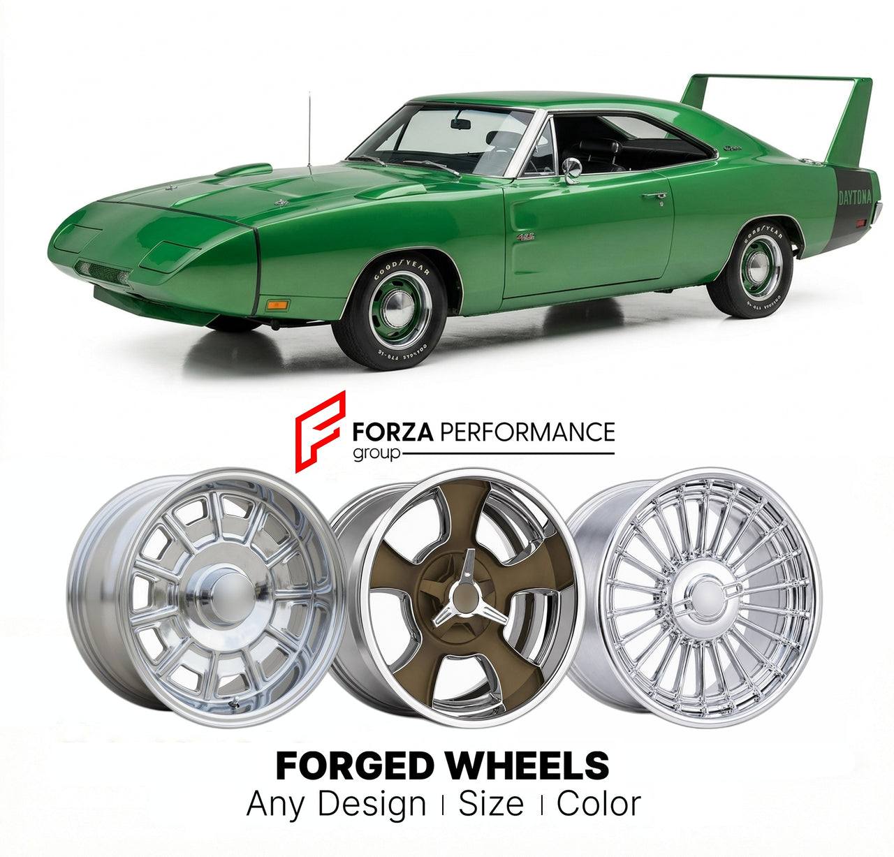 CUSTOM CLASSIC VINTAGE RESTOMOD RETRO OLD SCHOOL FORGED WHEELS RIMS for DODGE CHARGER DAYTONA 426 HEMI 1969 - 1970
Custom forged wheels for classic American muscle cars. Ideal for restomod builds, vintage restorations, and show cars. Deep dish and retro styling available.

We manufacture premium quality forged wheels rims for Dodge Charger Daytona 426 Hemi 1969 - 1970 in any design, size, color.

THIS WHEEL DESIGN CAN BE CUSTOM-MADE FOR YOUR CAR IN ANY SIZE AND COLOR OPTIONS
Available in monoblock, 2-piece,