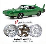 CUSTOM CLASSIC VINTAGE RESTOMOD RETRO OLD SCHOOL FORGED WHEELS RIMS for DODGE CHARGER DAYTONA 426 HEMI 1969 - 1970
Custom forged wheels for classic American muscle cars. Ideal for restomod builds, vintage restorations, and show cars. Deep dish and retro styling available.

We manufacture premium quality forged wheels rims for Dodge Charger Daytona 426 Hemi 1969 - 1970 in any design, size, color.

THIS WHEEL DESIGN CAN BE CUSTOM-MADE FOR YOUR CAR IN ANY SIZE AND COLOR OPTIONS
Available in monoblock, 2-piece,