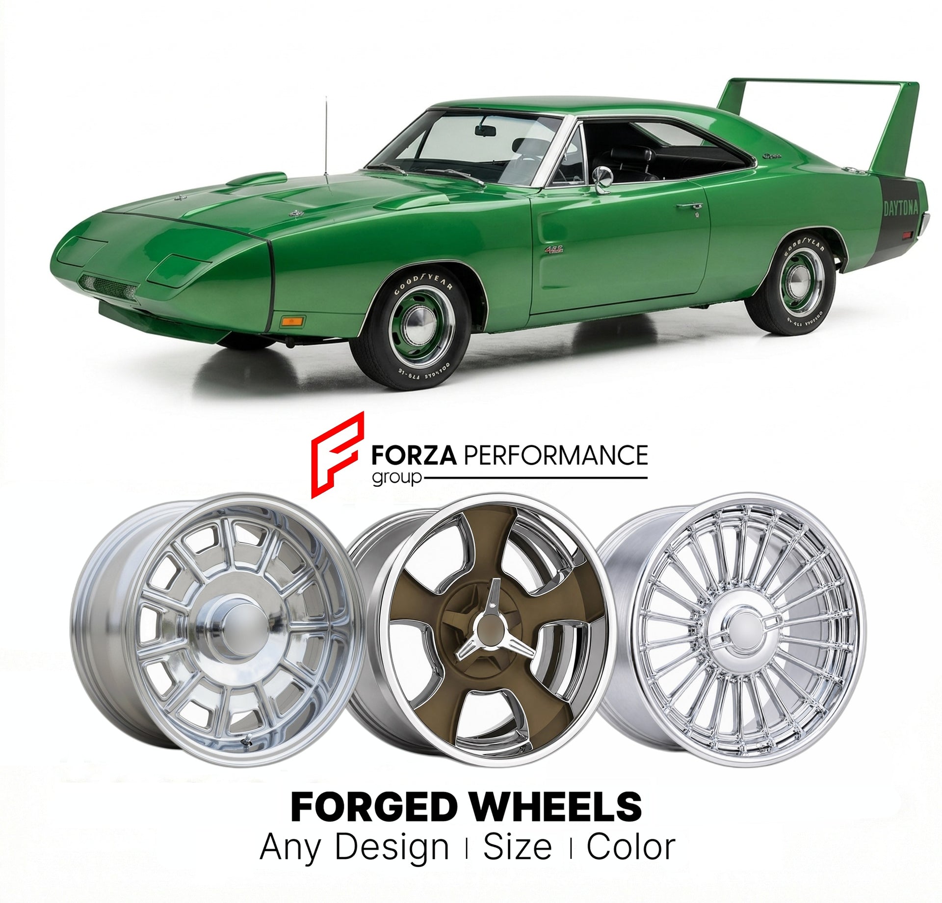 CUSTOM CLASSIC VINTAGE RESTOMOD RETRO OLD SCHOOL FORGED WHEELS RIMS for DODGE CHARGER DAYTONA 426 HEMI 1969 - 1970
Custom forged wheels for classic American muscle cars. Ideal for restomod builds, vintage restorations, and show cars. Deep dish and retro styling available.

We manufacture premium quality forged wheels rims for Dodge Charger Daytona 426 Hemi 1969 - 1970 in any design, size, color.

THIS WHEEL DESIGN CAN BE CUSTOM-MADE FOR YOUR CAR IN ANY SIZE AND COLOR OPTIONS
Available in monoblock, 2-piece,
