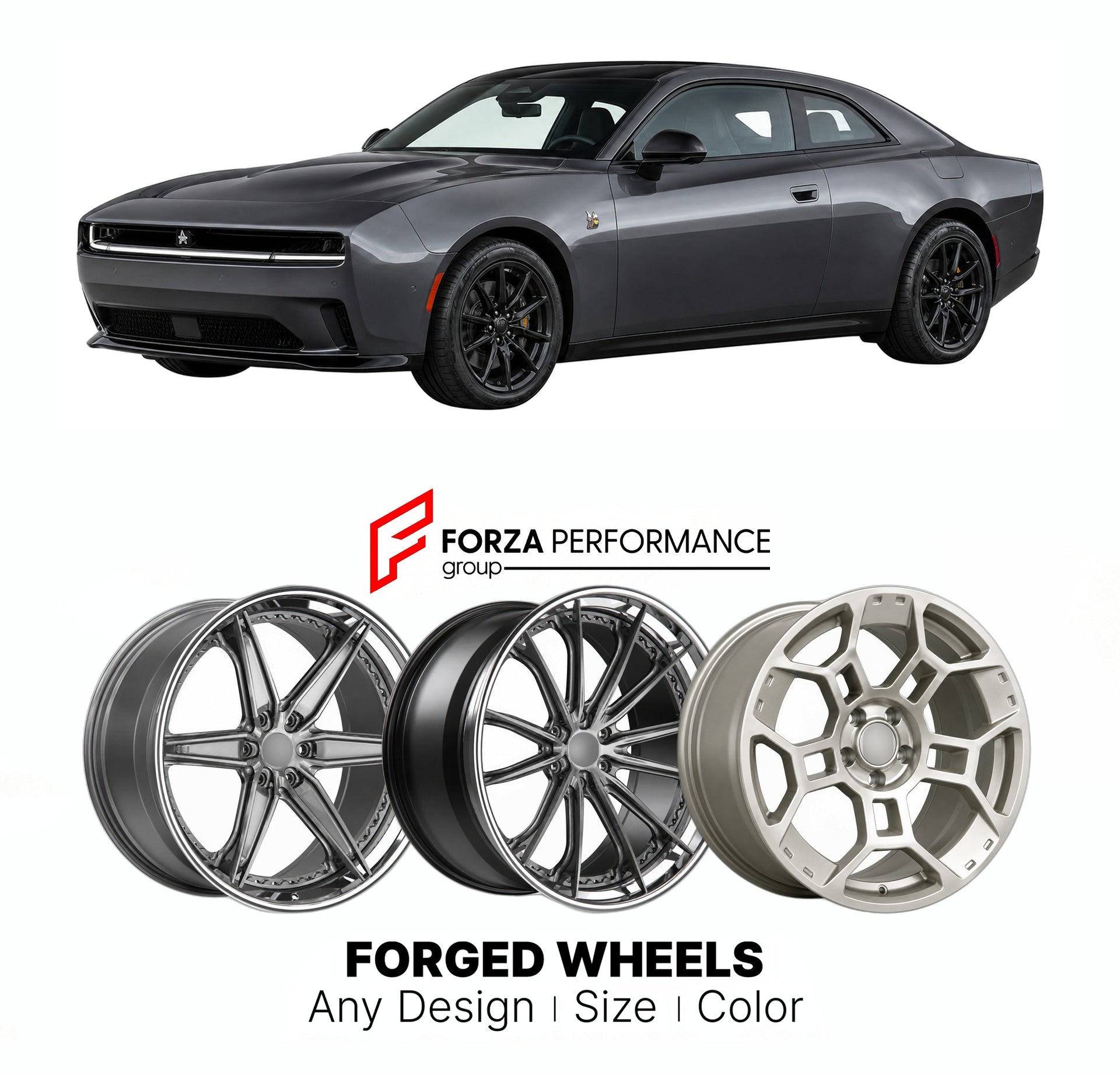 FORGED WHEELS RIMS for DODGE CHARGER DAYTONA SCAT PACK LB EV 2024+

Custom forged wheels for Dodge Charger Daytona Scat Pack LB EV 2024+. Made-to-order monoblock, 2-piece and 3-piece rims in custom sizes, offsets, colors and finishes with guaranteed fitment.

We manufacture premium quality forged wheels rims for Dodge Charger Daytona Scat Pack LB EV 2024+ in any design, size, color.

THIS WHEEL DESIGN CAN BE CUSTOM-MADE FOR YOUR CAR IN ANY SIZE AND COLOR OPTIONS
Available in monoblock, 2-piece, 3-piece, duo