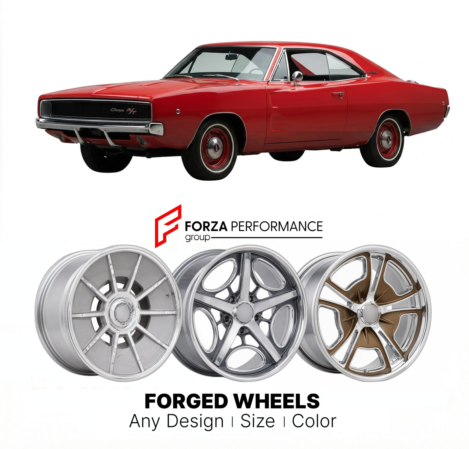 CUSTOM CLASSIC VINTAGE RESTOMOD RETRO OLD SCHOOL FORGED WHEELS RIMS for DODGE CHARGER R/T 1968 - 1970
Custom forged wheels for classic American muscle cars. Ideal for restomod builds, vintage restorations, and show cars. Deep dish and retro styling available.

We manufacture premium quality forged wheels rims for Dodge Charger R/T 1968 - 1970 in any design, size, color.

THIS WHEEL DESIGN CAN BE CUSTOM-MADE FOR YOUR CAR IN ANY SIZE AND COLOR OPTIONS
Available in monoblock, 2-piece, 3-piece, duoblock, beadlo