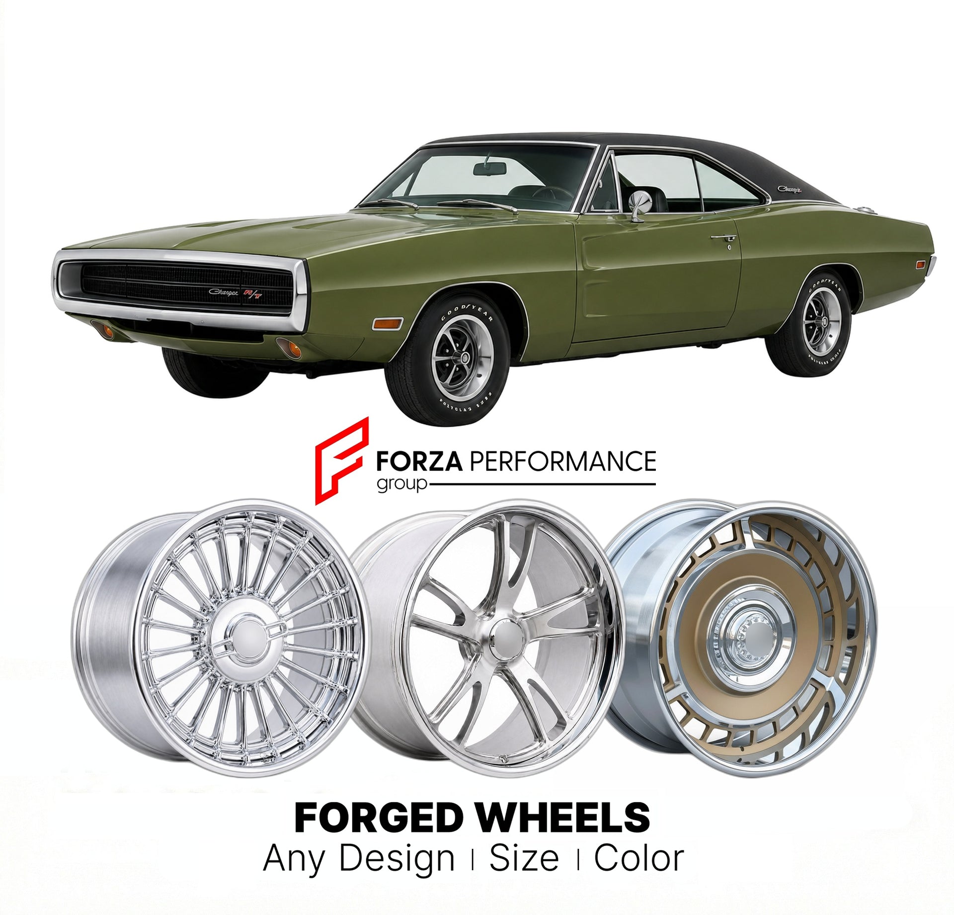 CUSTOM CLASSIC VINTAGE RESTOMOD RETRO OLD SCHOOL FORGED WHEELS RIMS for DODGE CHARGER R/T 1971 - 1971
Custom forged wheels for classic American muscle cars. Ideal for restomod builds, vintage restorations, and show cars. Deep dish and retro styling available.

We manufacture premium quality forged wheels rims for Dodge Charger R/T 1971 - 1971 in any design, size, color.

THIS WHEEL DESIGN CAN BE CUSTOM-MADE FOR YOUR CAR IN ANY SIZE AND COLOR OPTIONS
Available in monoblock, 2-piece, 3-piece, duoblock, beadlo