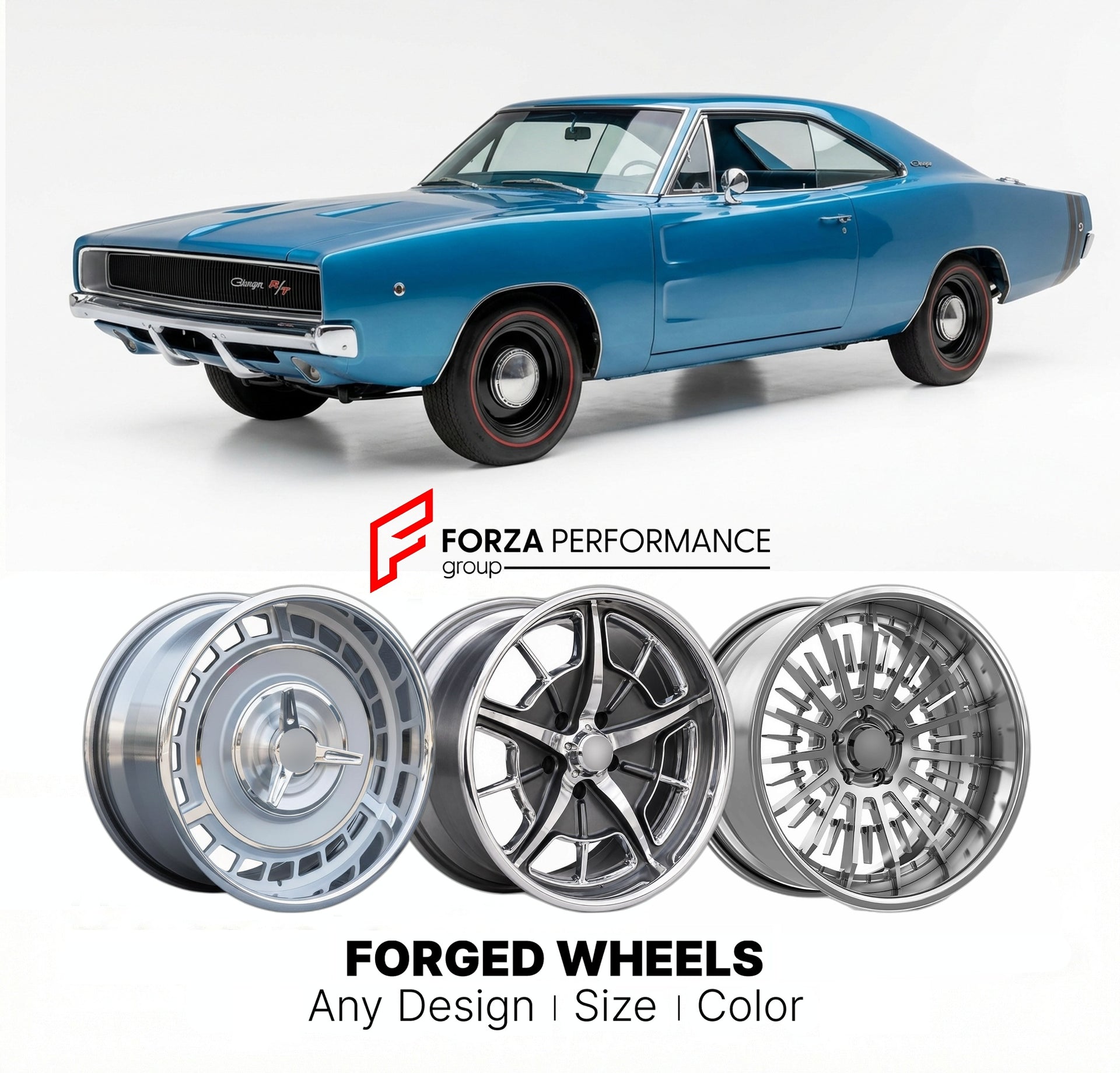 CUSTOM CLASSIC VINTAGE RESTOMOD RETRO OLD SCHOOL FORGED WHEELS RIMS for DODGE CHARGER R/T 426 HEMI 1968 - 1970
Custom forged wheels for classic American muscle cars. Ideal for restomod builds, vintage restorations, and show cars. Deep dish and retro styling available.

We manufacture premium quality forged wheels rims for Dodge Charger R/T 426 Hemi 1968 - 1970 in any design, size, color.

THIS WHEEL DESIGN CAN BE CUSTOM-MADE FOR YOUR CAR IN ANY SIZE AND COLOR OPTIONS
Available in monoblock, 2-piece, 3-piece