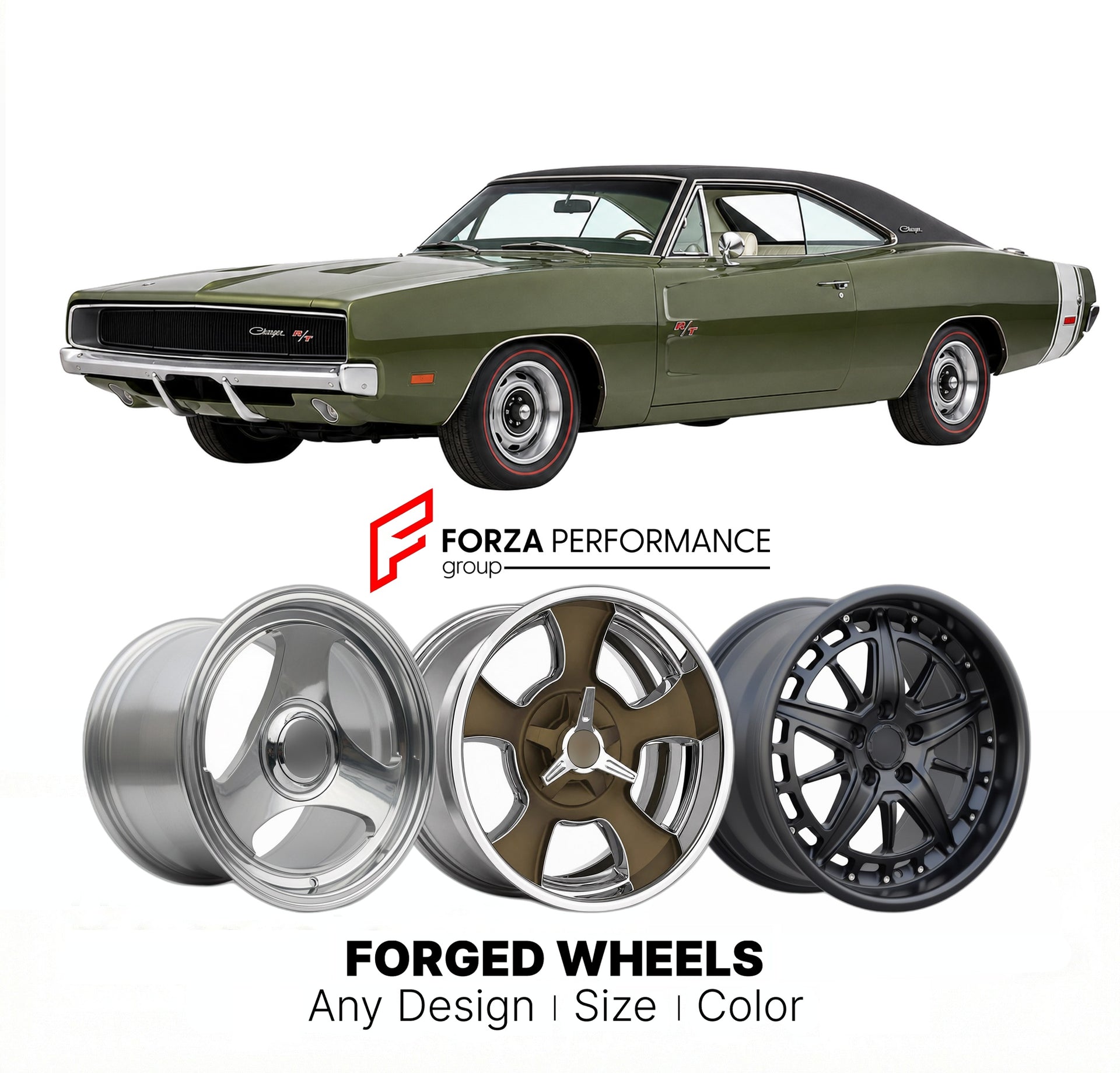 CUSTOM CLASSIC VINTAGE RESTOMOD RETRO OLD SCHOOL FORGED WHEELS RIMS for DODGE CHARGER R/T 426 HEMI 1971 - 1971
Custom forged wheels for classic American muscle cars. Ideal for restomod builds, vintage restorations, and show cars. Deep dish and retro styling available.

We manufacture premium quality forged wheels rims for Dodge Charger R/T 426 Hemi 1971 - 1971 in any design, size, color.

THIS WHEEL DESIGN CAN BE CUSTOM-MADE FOR YOUR CAR IN ANY SIZE AND COLOR OPTIONS
Available in monoblock, 2-piece, 3-piece