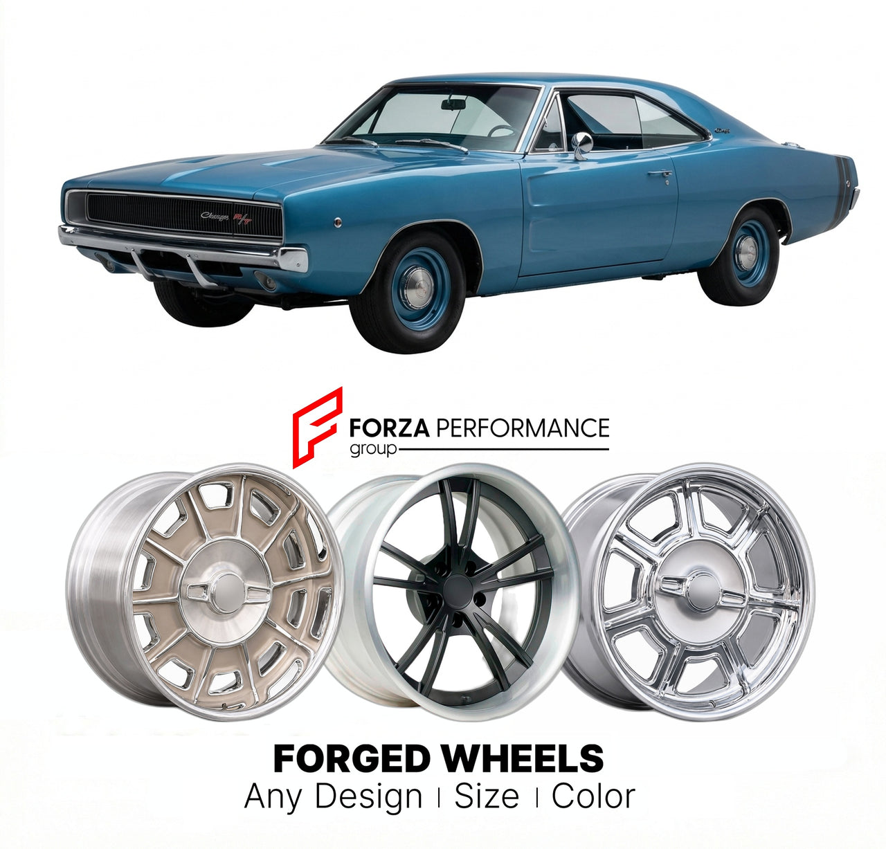 CUSTOM CLASSIC VINTAGE RESTOMOD RETRO OLD SCHOOL FORGED WHEELS RIMS for DODGE CHARGER R/T 440 1968 - 1970
Custom forged wheels for classic American muscle cars. Ideal for restomod builds, vintage restorations, and show cars. Deep dish and retro styling available.

We manufacture premium quality forged wheels rims for Dodge Charger R/T 440 1968 - 1970 in any design, size, color.

THIS WHEEL DESIGN CAN BE CUSTOM-MADE FOR YOUR CAR IN ANY SIZE AND COLOR OPTIONS
Available in monoblock, 2-piece, 3-piece, duoblock