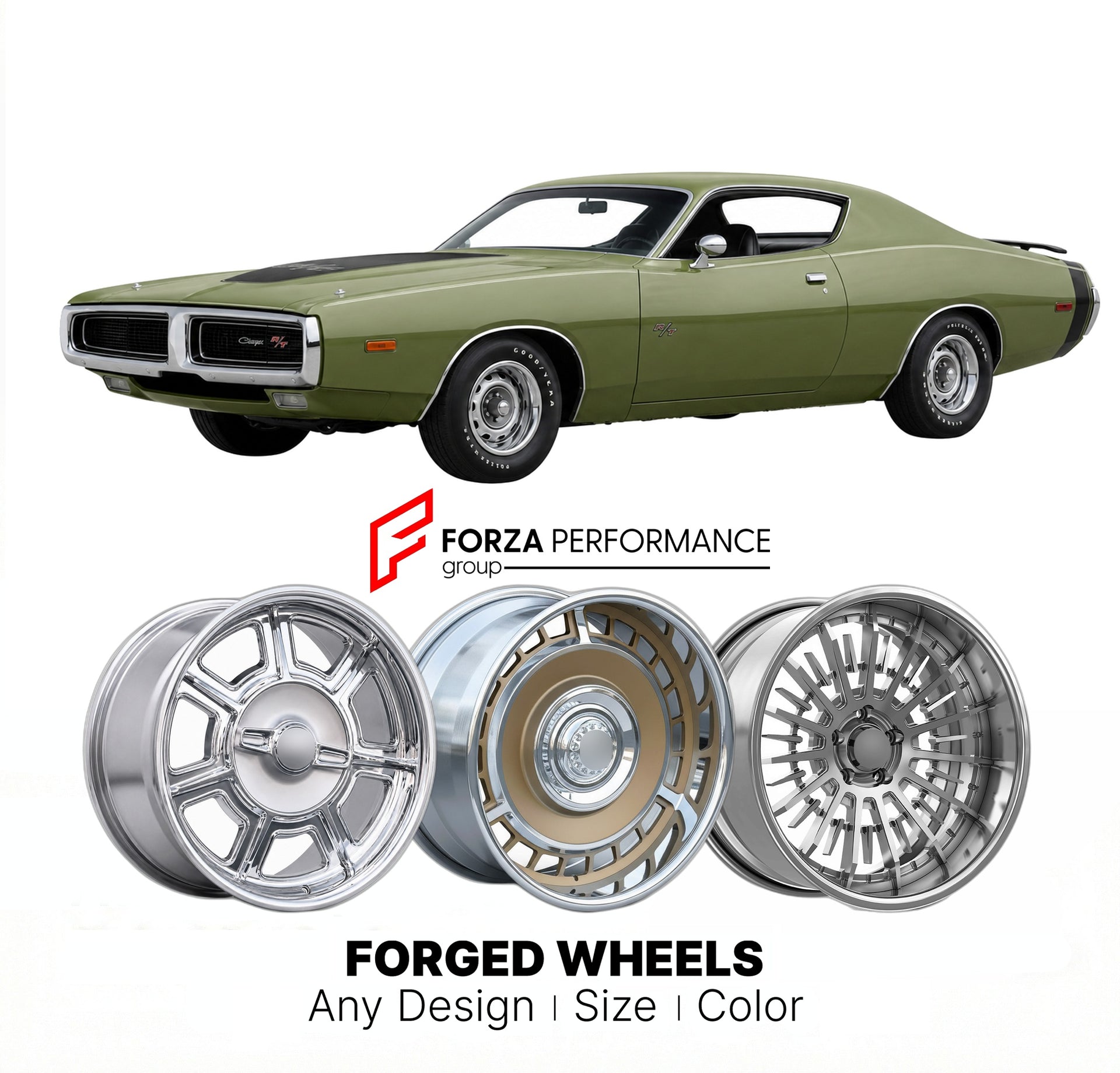 CUSTOM CLASSIC VINTAGE RESTOMOD RETRO OLD SCHOOL FORGED WHEELS RIMS for DODGE CHARGER R/T 440 1971 - 1971
Custom forged wheels for classic American muscle cars. Ideal for restomod builds, vintage restorations, and show cars. Deep dish and retro styling available.

We manufacture premium quality forged wheels rims for Dodge Charger R/T 440 1971 - 1971 in any design, size, color.

THIS WHEEL DESIGN CAN BE CUSTOM-MADE FOR YOUR CAR IN ANY SIZE AND COLOR OPTIONS
Available in monoblock, 2-piece, 3-piece, duoblock