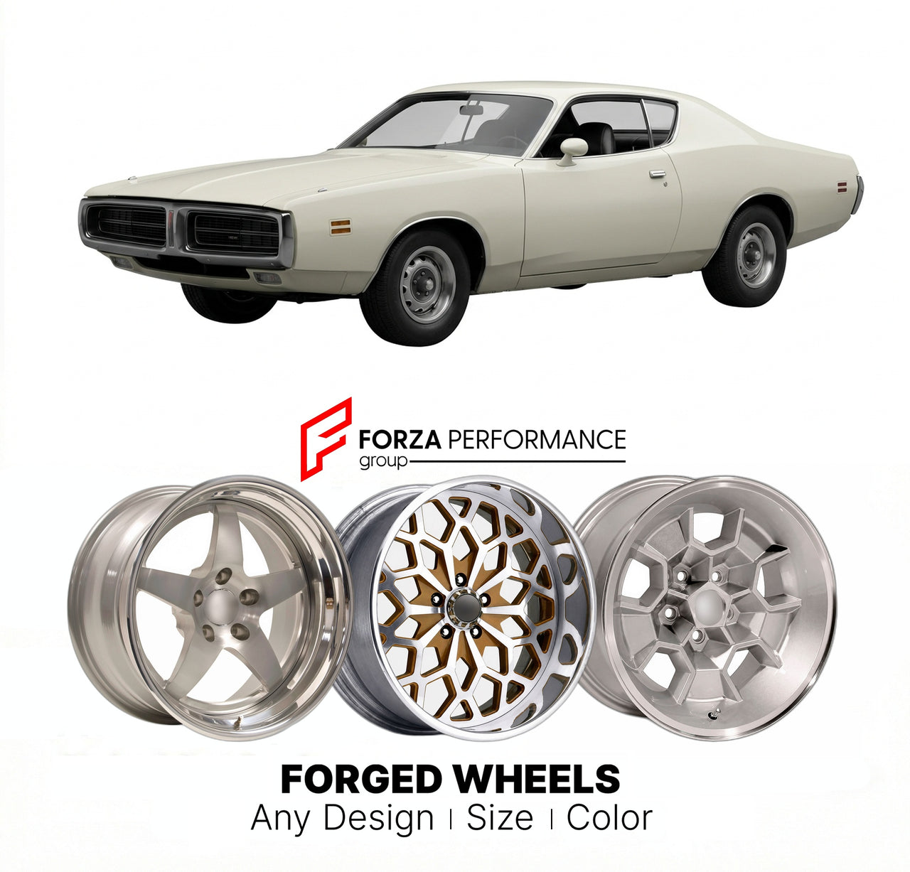 CUSTOM CLASSIC VINTAGE RESTOMOD RETRO OLD SCHOOL FORGED WHEELS RIMS for DODGE CHARGER SE 1971 - 1974
Custom forged wheels for classic American muscle cars. Ideal for restomod builds, vintage restorations, and show cars. Deep dish and retro styling available.

We manufacture premium quality forged wheels rims for Dodge Charger SE 1971 - 1974 in any design, size, color.

THIS WHEEL DESIGN CAN BE CUSTOM-MADE FOR YOUR CAR IN ANY SIZE AND COLOR OPTIONS
Available in monoblock, 2-piece, 3-piece, duoblock, beadlock