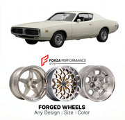 CUSTOM CLASSIC VINTAGE RESTOMOD RETRO OLD SCHOOL FORGED WHEELS RIMS for DODGE CHARGER SE 1971 - 1974
Custom forged wheels for classic American muscle cars. Ideal for restomod builds, vintage restorations, and show cars. Deep dish and retro styling available.

We manufacture premium quality forged wheels rims for Dodge Charger SE 1971 - 1974 in any design, size, color.

THIS WHEEL DESIGN CAN BE CUSTOM-MADE FOR YOUR CAR IN ANY SIZE AND COLOR OPTIONS
Available in monoblock, 2-piece, 3-piece, duoblock, beadlock