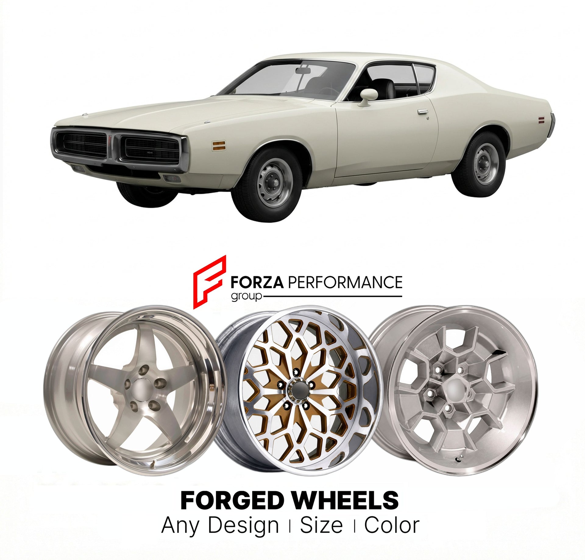 CUSTOM CLASSIC VINTAGE RESTOMOD RETRO OLD SCHOOL FORGED WHEELS RIMS for DODGE CHARGER SE 1971 - 1974
Custom forged wheels for classic American muscle cars. Ideal for restomod builds, vintage restorations, and show cars. Deep dish and retro styling available.

We manufacture premium quality forged wheels rims for Dodge Charger SE 1971 - 1974 in any design, size, color.

THIS WHEEL DESIGN CAN BE CUSTOM-MADE FOR YOUR CAR IN ANY SIZE AND COLOR OPTIONS
Available in monoblock, 2-piece, 3-piece, duoblock, beadlock