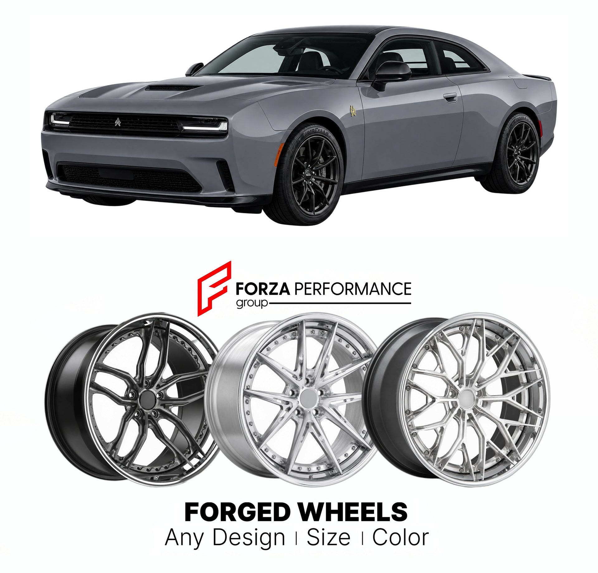 FORGED WHEELS RIMS for DODGE CHARGER SIXPACK HIGH OUTPUT LB GAS 2026+

Custom forged wheels for Dodge Charger Sixpack High Output LB Gas 2026+. Made-to-order monoblock, 2-piece and 3-piece rims in custom sizes, offsets, colors and finishes with guaranteed fitment.

We manufacture premium quality forged wheels rims for Dodge Charger Sixpack High Output LB Gas 2026+ in any design, size, color.

THIS WHEEL DESIGN CAN BE CUSTOM-MADE FOR YOUR CAR IN ANY SIZE AND COLOR OPTIONS
Available in monoblock, 2-piece, 3-p