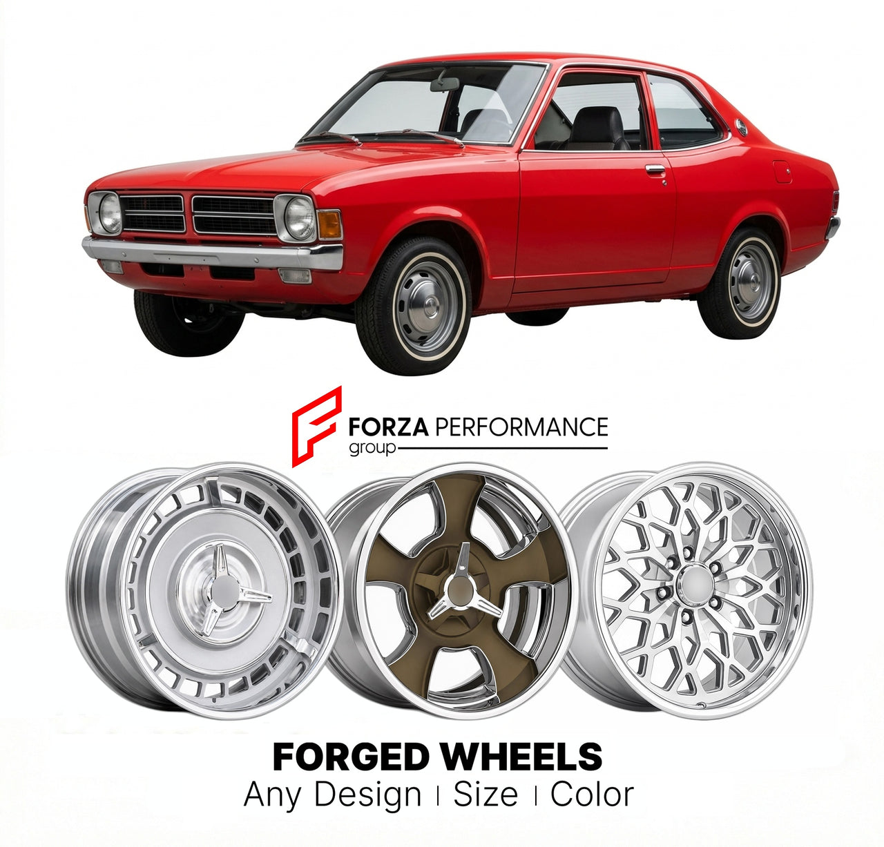 CUSTOM CLASSIC VINTAGE RESTOMOD RETRO OLD SCHOOL FORGED WHEELS RIMS for DODGE COLT 1970 - 1990
Custom forged wheels for classic American muscle cars. Ideal for restomod builds, vintage restorations, and show cars. Deep dish and retro styling available.

We manufacture premium quality forged wheels rims for Dodge Colt 1970 - 1990 in any design, size, color.

THIS WHEEL DESIGN CAN BE CUSTOM-MADE FOR YOUR CAR IN ANY SIZE AND COLOR OPTIONS
Available in monoblock, 2-piece, 3-piece, duoblock, beadlock
3D wheel re
