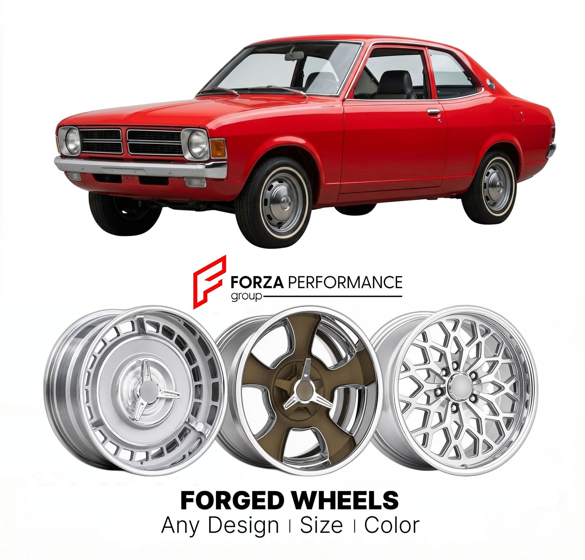 CUSTOM CLASSIC VINTAGE RESTOMOD RETRO OLD SCHOOL FORGED WHEELS RIMS for DODGE COLT 1970 - 1990
Custom forged wheels for classic American muscle cars. Ideal for restomod builds, vintage restorations, and show cars. Deep dish and retro styling available.

We manufacture premium quality forged wheels rims for Dodge Colt 1970 - 1990 in any design, size, color.

THIS WHEEL DESIGN CAN BE CUSTOM-MADE FOR YOUR CAR IN ANY SIZE AND COLOR OPTIONS
Available in monoblock, 2-piece, 3-piece, duoblock, beadlock
3D wheel re