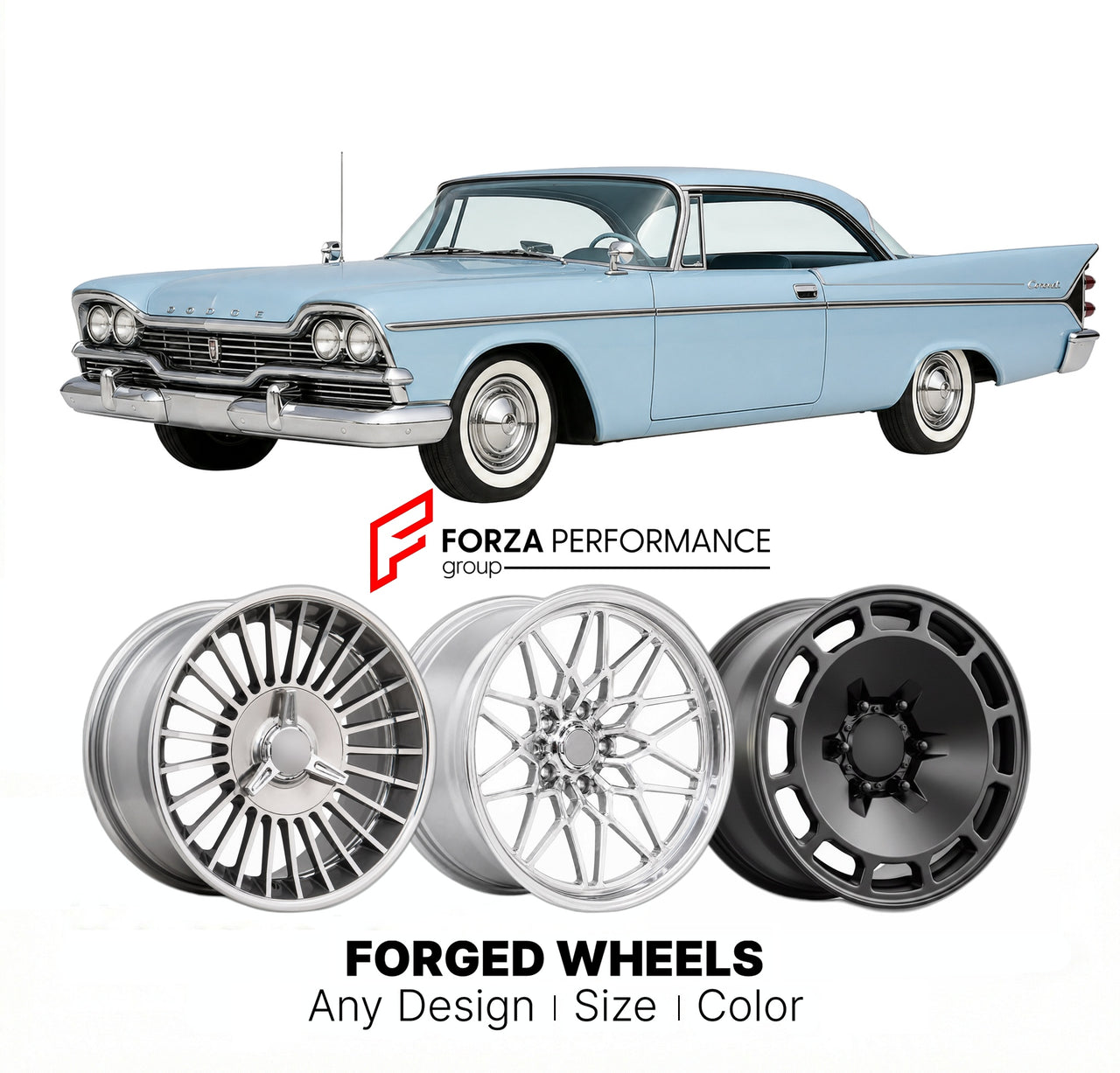 CUSTOM CLASSIC VINTAGE RESTOMOD RETRO OLD SCHOOL FORGED WHEELS RIMS for DODGE CORONET 1958 - 1959
Custom forged wheels for classic American muscle cars. Ideal for restomod builds, vintage restorations, and show cars. Deep dish and retro styling available.

We manufacture premium quality forged wheels rims for Dodge Coronet 1958 - 1959 in any design, size, color.

THIS WHEEL DESIGN CAN BE CUSTOM-MADE FOR YOUR CAR IN ANY SIZE AND COLOR OPTIONS
Available in monoblock, 2-piece, 3-piece, duoblock, beadlock
3D wh