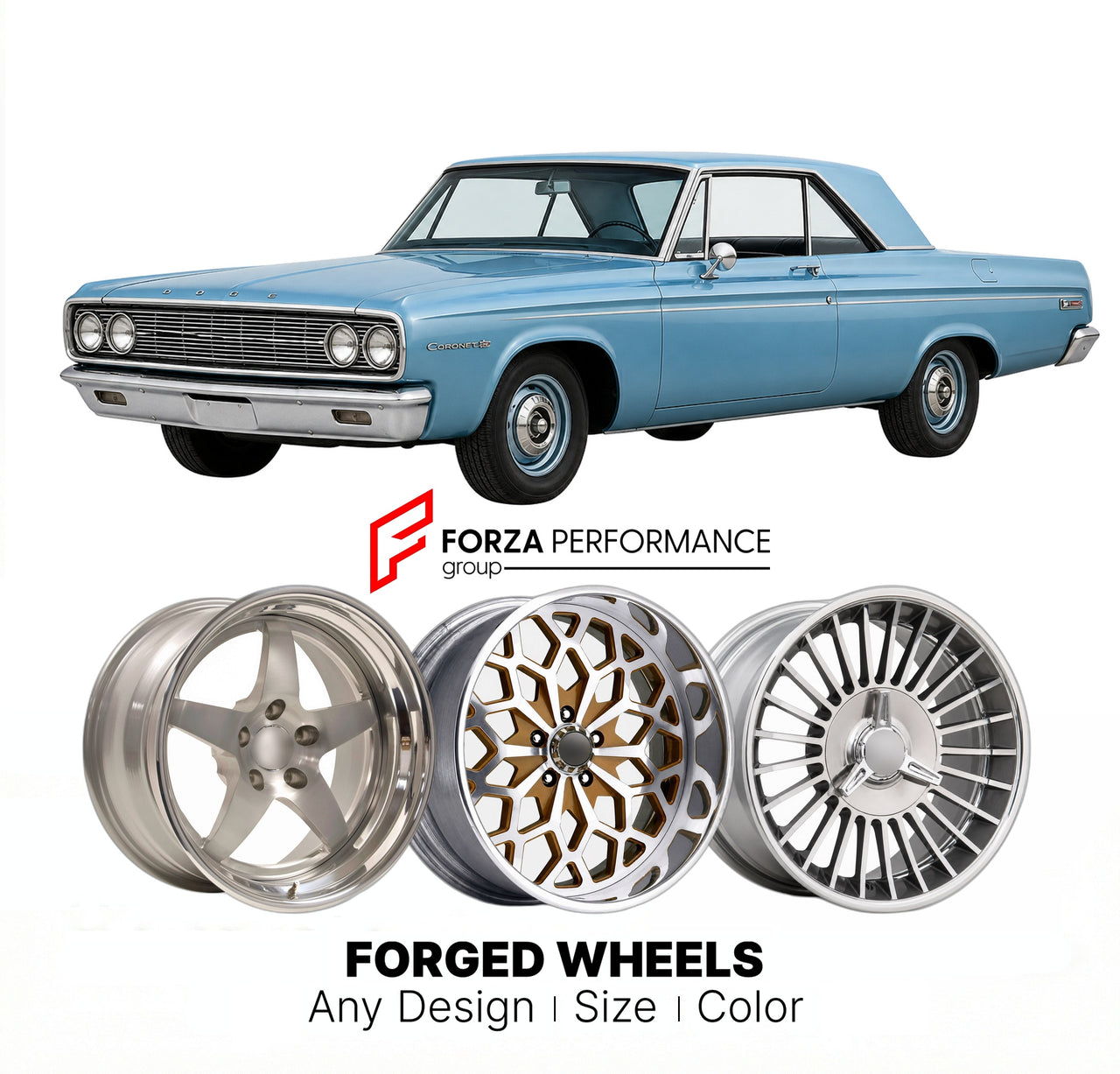 CUSTOM CLASSIC VINTAGE RESTOMOD RETRO OLD SCHOOL FORGED WHEELS RIMS for DODGE CORONET 1965 - 1970
Custom forged wheels for classic American muscle cars. Ideal for restomod builds, vintage restorations, and show cars. Deep dish and retro styling available.

We manufacture premium quality forged wheels rims for Dodge Coronet 1965 - 1970 in any design, size, color.

THIS WHEEL DESIGN CAN BE CUSTOM-MADE FOR YOUR CAR IN ANY SIZE AND COLOR OPTIONS
Available in monoblock, 2-piece, 3-piece, duoblock, beadlock
3D wh