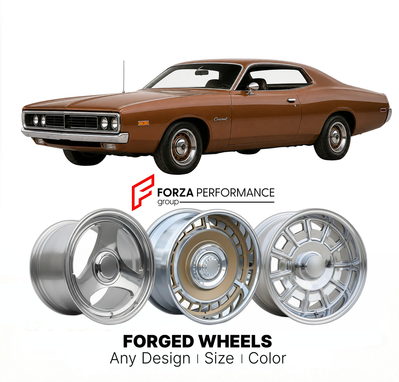 CUSTOM CLASSIC VINTAGE RESTOMOD RETRO OLD SCHOOL FORGED WHEELS RIMS for DODGE CORONET 1971 - 1976
Custom forged wheels for classic American muscle cars. Ideal for restomod builds, vintage restorations, and show cars. Deep dish and retro styling available.

We manufacture premium quality forged wheels rims for Dodge Coronet 1971 - 1976 in any design, size, color.

THIS WHEEL DESIGN CAN BE CUSTOM-MADE FOR YOUR CAR IN ANY SIZE AND COLOR OPTIONS
Available in monoblock, 2-piece, 3-piece, duoblock, beadlock
3D wh