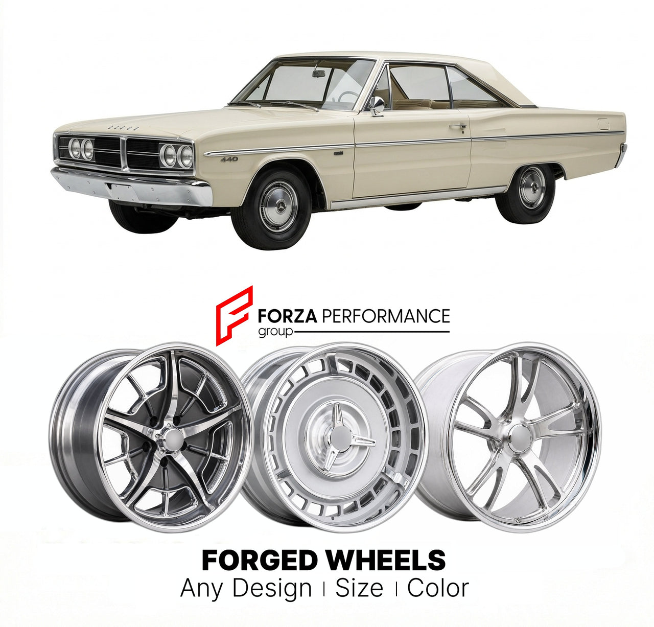 CUSTOM CLASSIC VINTAGE RESTOMOD RETRO OLD SCHOOL FORGED WHEELS RIMS for DODGE CORONET 440 1966 - 1970
Custom forged wheels for classic American muscle cars. Ideal for restomod builds, vintage restorations, and show cars. Deep dish and retro styling available.

We manufacture premium quality forged wheels rims for Dodge Coronet 440 1966 - 1970 in any design, size, color.

THIS WHEEL DESIGN CAN BE CUSTOM-MADE FOR YOUR CAR IN ANY SIZE AND COLOR OPTIONS
Available in monoblock, 2-piece, 3-piece, duoblock, beadlo