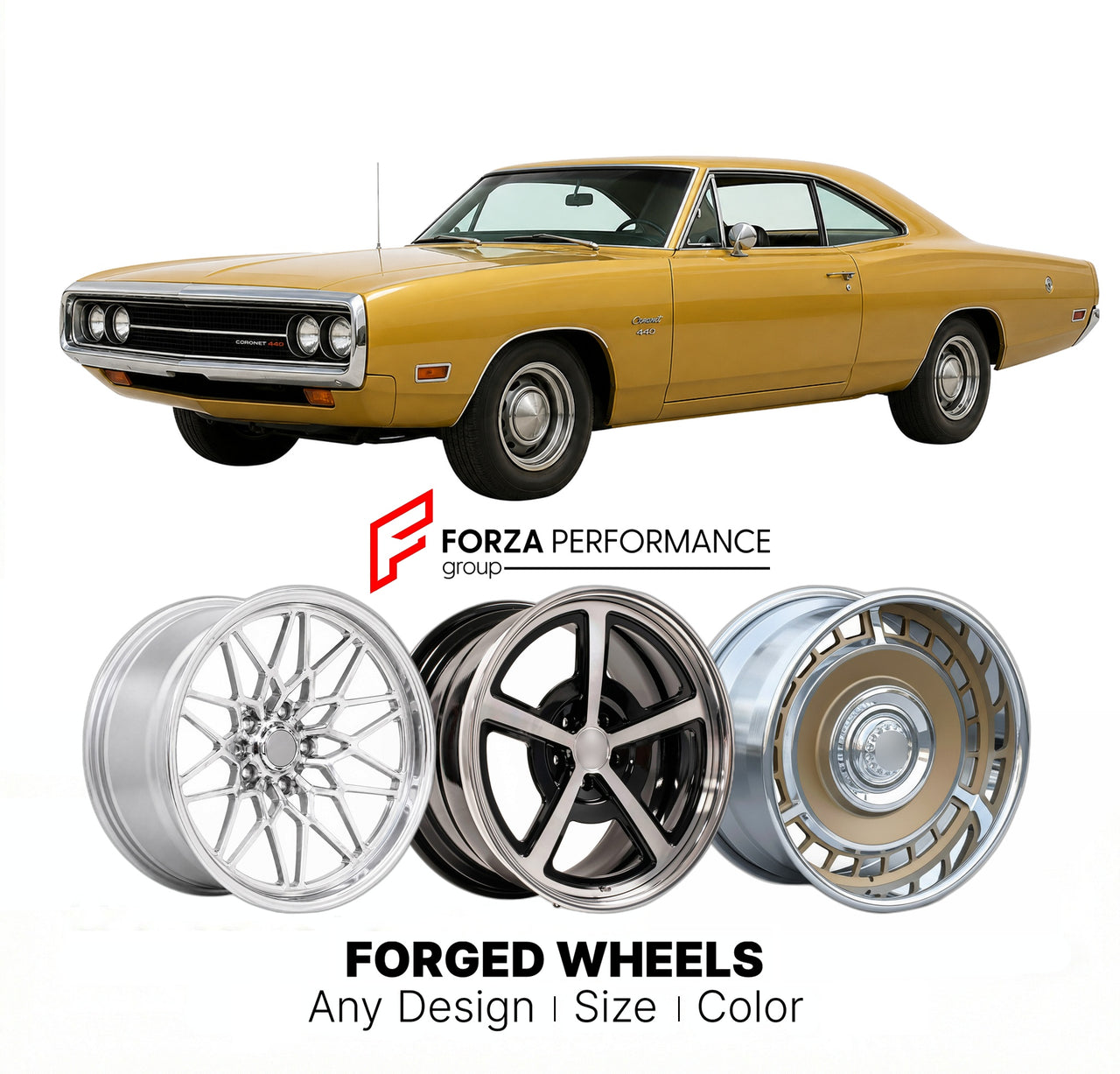 CUSTOM CLASSIC VINTAGE RESTOMOD RETRO OLD SCHOOL FORGED WHEELS RIMS for DODGE CORONET 440 1971 - 1971
Custom forged wheels for classic American muscle cars. Ideal for restomod builds, vintage restorations, and show cars. Deep dish and retro styling available.

We manufacture premium quality forged wheels rims for Dodge Coronet 440 1971 - 1971 in any design, size, color.

THIS WHEEL DESIGN CAN BE CUSTOM-MADE FOR YOUR CAR IN ANY SIZE AND COLOR OPTIONS
Available in monoblock, 2-piece, 3-piece, duoblock, beadlo