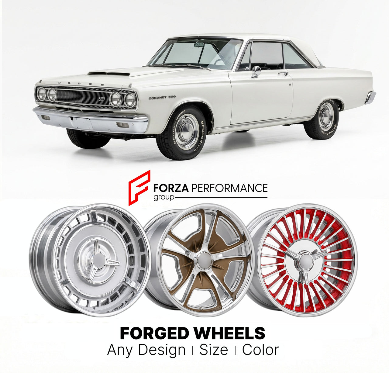 CUSTOM CLASSIC VINTAGE RESTOMOD RETRO OLD SCHOOL FORGED WHEELS RIMS for DODGE CORONET 500 1965 - 1970
Custom forged wheels for classic American muscle cars. Ideal for restomod builds, vintage restorations, and show cars. Deep dish and retro styling available.

We manufacture premium quality forged wheels rims for Dodge Coronet 500 1965 - 1970 in any design, size, color.

THIS WHEEL DESIGN CAN BE CUSTOM-MADE FOR YOUR CAR IN ANY SIZE AND COLOR OPTIONS
Available in monoblock, 2-piece, 3-piece, duoblock, beadlo