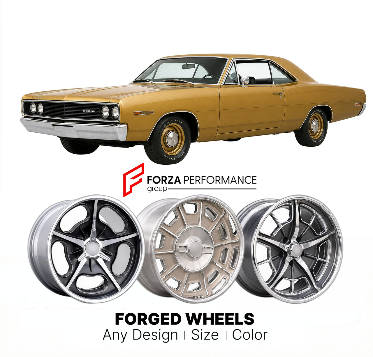 CUSTOM CLASSIC VINTAGE RESTOMOD RETRO OLD SCHOOL FORGED WHEELS RIMS for DODGE CORONET 500 1971 - 1976
Custom forged wheels for classic American muscle cars. Ideal for restomod builds, vintage restorations, and show cars. Deep dish and retro styling available.

We manufacture premium quality forged wheels rims for Dodge Coronet 500 1971 - 1976 in any design, size, color.

THIS WHEEL DESIGN CAN BE CUSTOM-MADE FOR YOUR CAR IN ANY SIZE AND COLOR OPTIONS
Available in monoblock, 2-piece, 3-piece, duoblock, beadlo