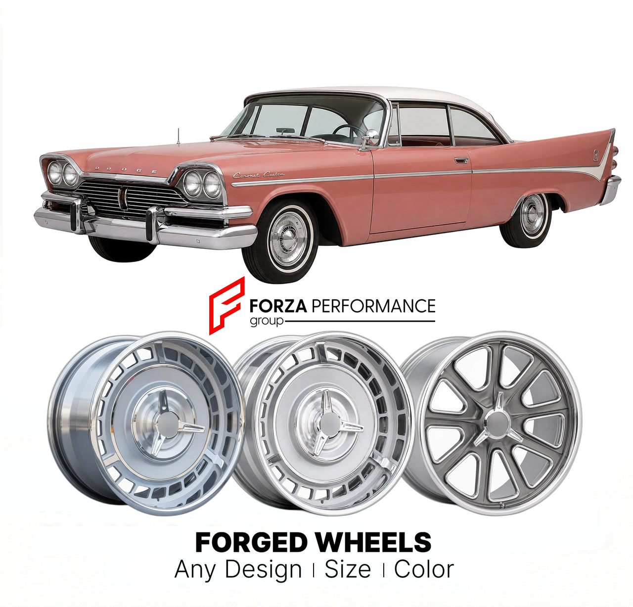 CUSTOM CLASSIC VINTAGE RESTOMOD RETRO OLD SCHOOL FORGED WHEELS RIMS for DODGE CORONET CUSTOM 1958 - 1959
Custom forged wheels for classic American muscle cars. Ideal for restomod builds, vintage restorations, and show cars. Deep dish and retro styling available.

We manufacture premium quality forged wheels rims for Dodge Coronet Custom 1958 - 1959 in any design, size, color.

THIS WHEEL DESIGN CAN BE CUSTOM-MADE FOR YOUR CAR IN ANY SIZE AND COLOR OPTIONS
Available in monoblock, 2-piece, 3-piece, duoblock, 