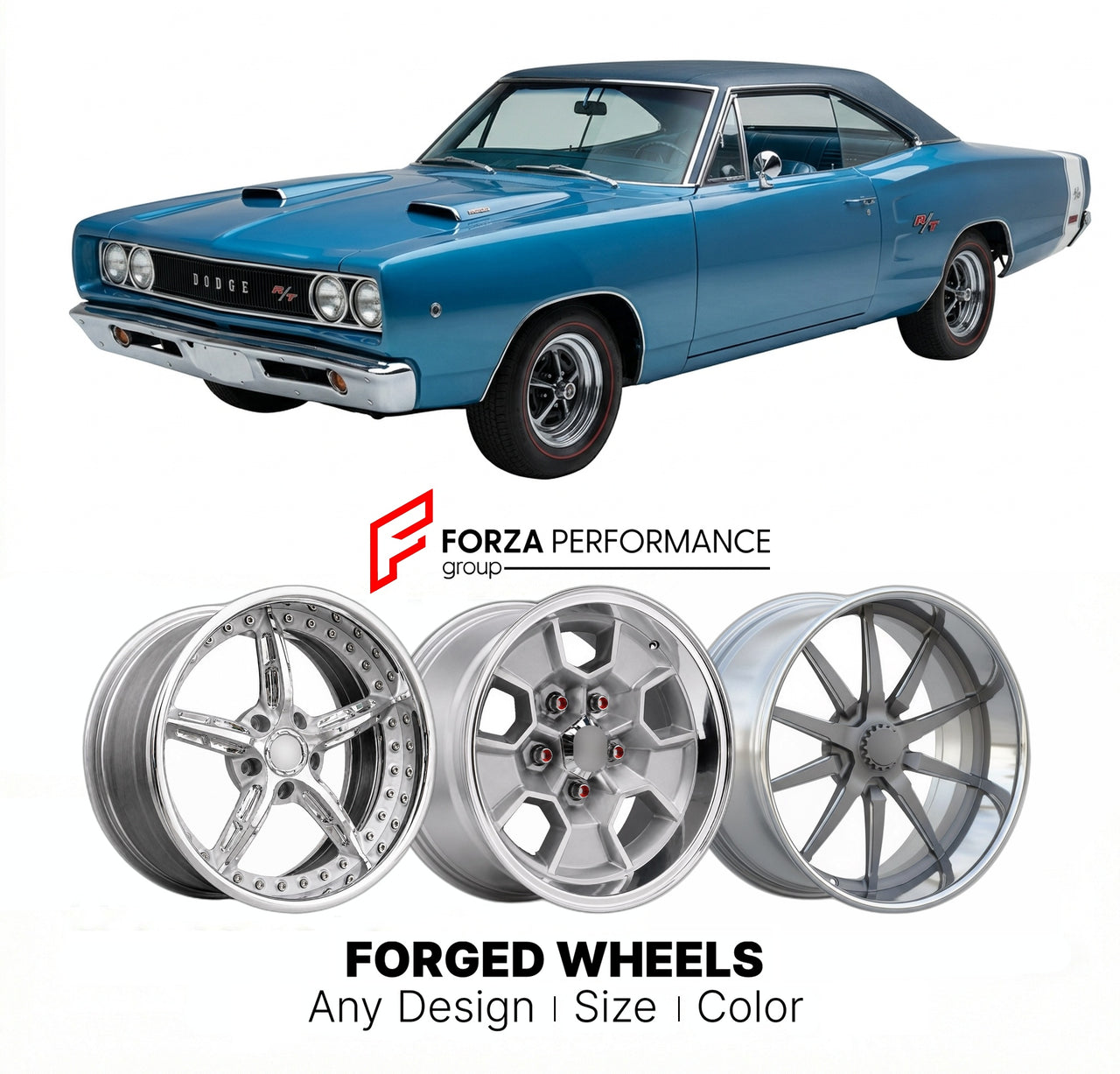 CUSTOM CLASSIC VINTAGE RESTOMOD RETRO OLD SCHOOL FORGED WHEELS RIMS for DODGE CORONET R/T 1968 - 1970
Custom forged wheels for classic American muscle cars. Ideal for restomod builds, vintage restorations, and show cars. Deep dish and retro styling available.

We manufacture premium quality forged wheels rims for Dodge Coronet R/T 1968 - 1970 in any design, size, color.

THIS WHEEL DESIGN CAN BE CUSTOM-MADE FOR YOUR CAR IN ANY SIZE AND COLOR OPTIONS
Available in monoblock, 2-piece, 3-piece, duoblock, beadlo