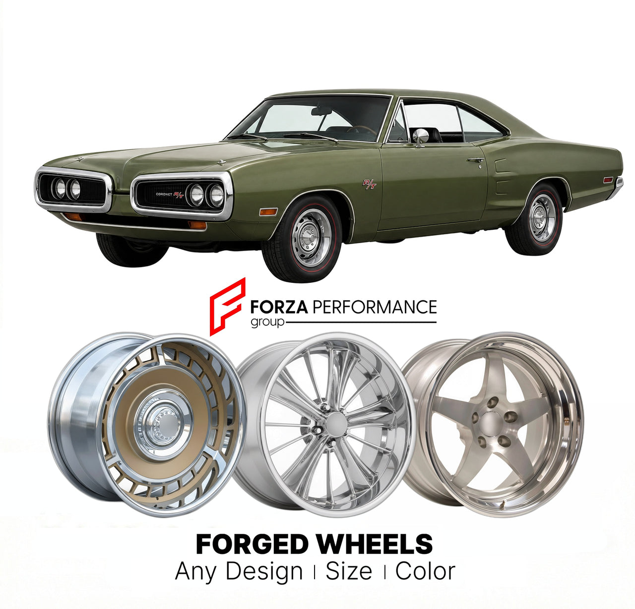 CUSTOM CLASSIC VINTAGE RESTOMOD RETRO OLD SCHOOL FORGED WHEELS RIMS for DODGE CORONET R/T 1971 - 1971
Custom forged wheels for classic American muscle cars. Ideal for restomod builds, vintage restorations, and show cars. Deep dish and retro styling available.

We manufacture premium quality forged wheels rims for Dodge Coronet R/T 1971 - 1971 in any design, size, color.

THIS WHEEL DESIGN CAN BE CUSTOM-MADE FOR YOUR CAR IN ANY SIZE AND COLOR OPTIONS
Available in monoblock, 2-piece, 3-piece, duoblock, beadlo