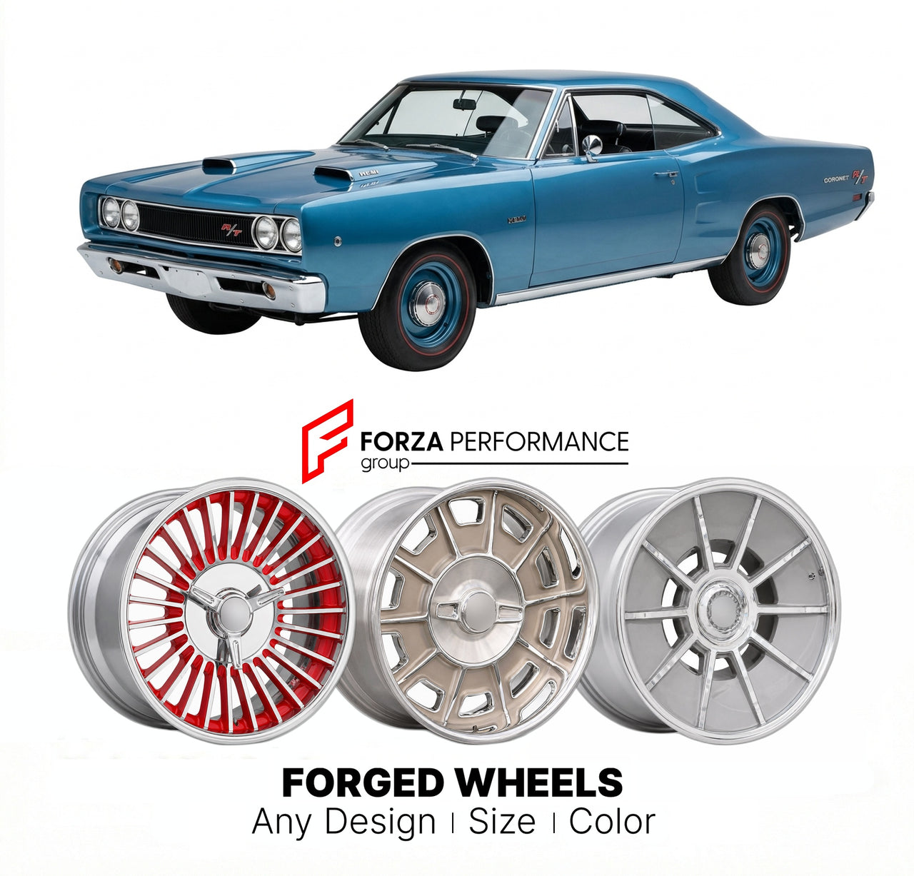 CUSTOM CLASSIC VINTAGE RESTOMOD RETRO OLD SCHOOL FORGED WHEELS RIMS for DODGE CORONET R/T 426 HEMI 1968 - 1970
Custom forged wheels for classic American muscle cars. Ideal for restomod builds, vintage restorations, and show cars. Deep dish and retro styling available.

We manufacture premium quality forged wheels rims for Dodge Coronet R/T 426 Hemi 1968 - 1970 in any design, size, color.

THIS WHEEL DESIGN CAN BE CUSTOM-MADE FOR YOUR CAR IN ANY SIZE AND COLOR OPTIONS
Available in monoblock, 2-piece, 3-piece